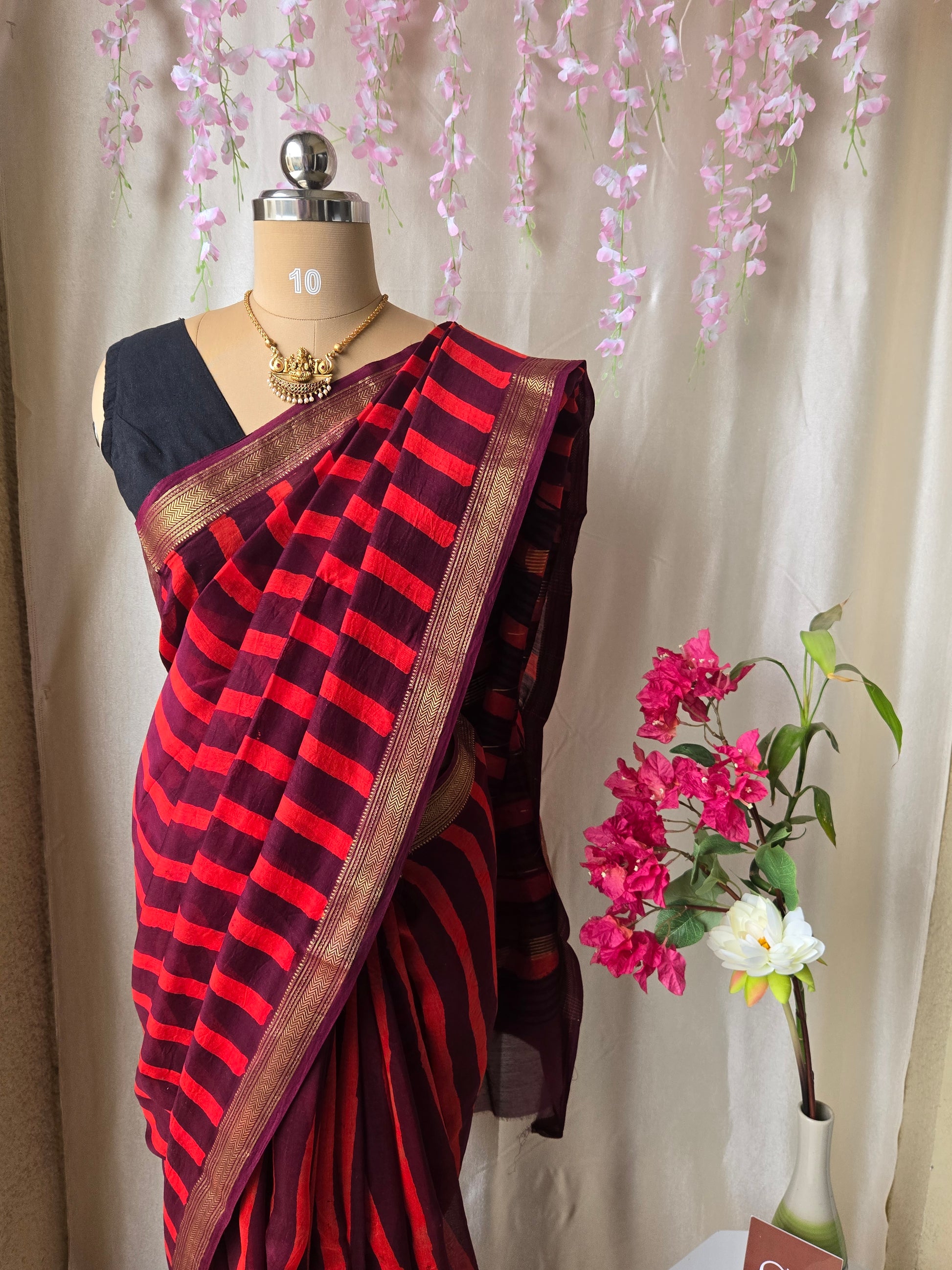 Maheshwari Silk Saree – Maroon with Red Stripes & Golden Border