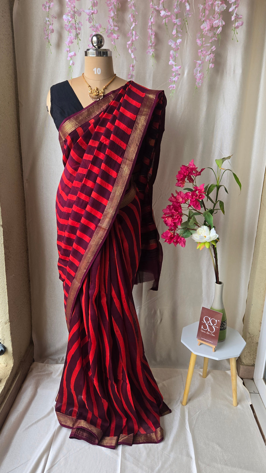 Maheshwari Silk Saree – Maroon with Red Stripes & Golden Border