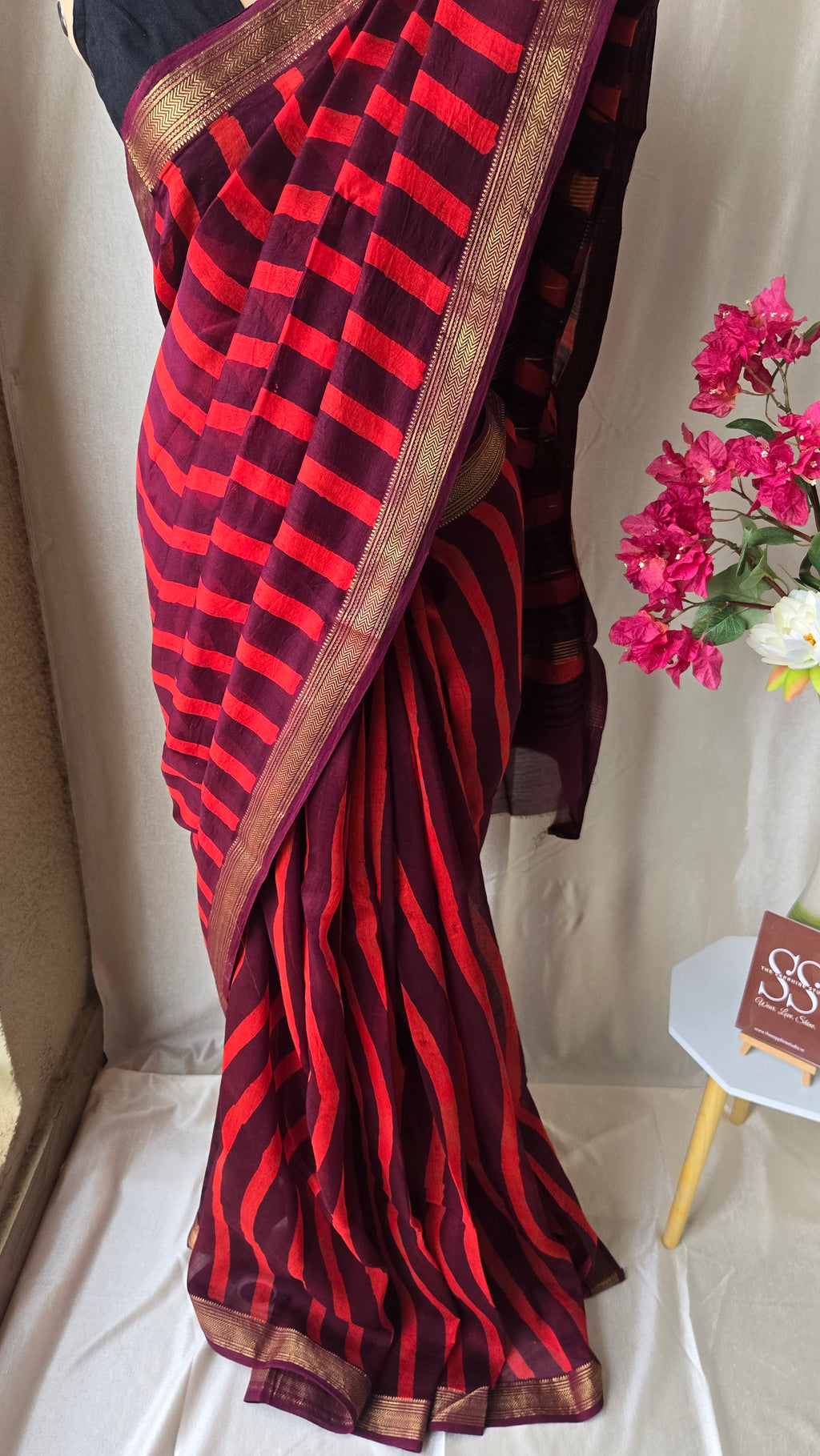 Maheshwari Silk Saree – Maroon with Red Stripes & Golden Border