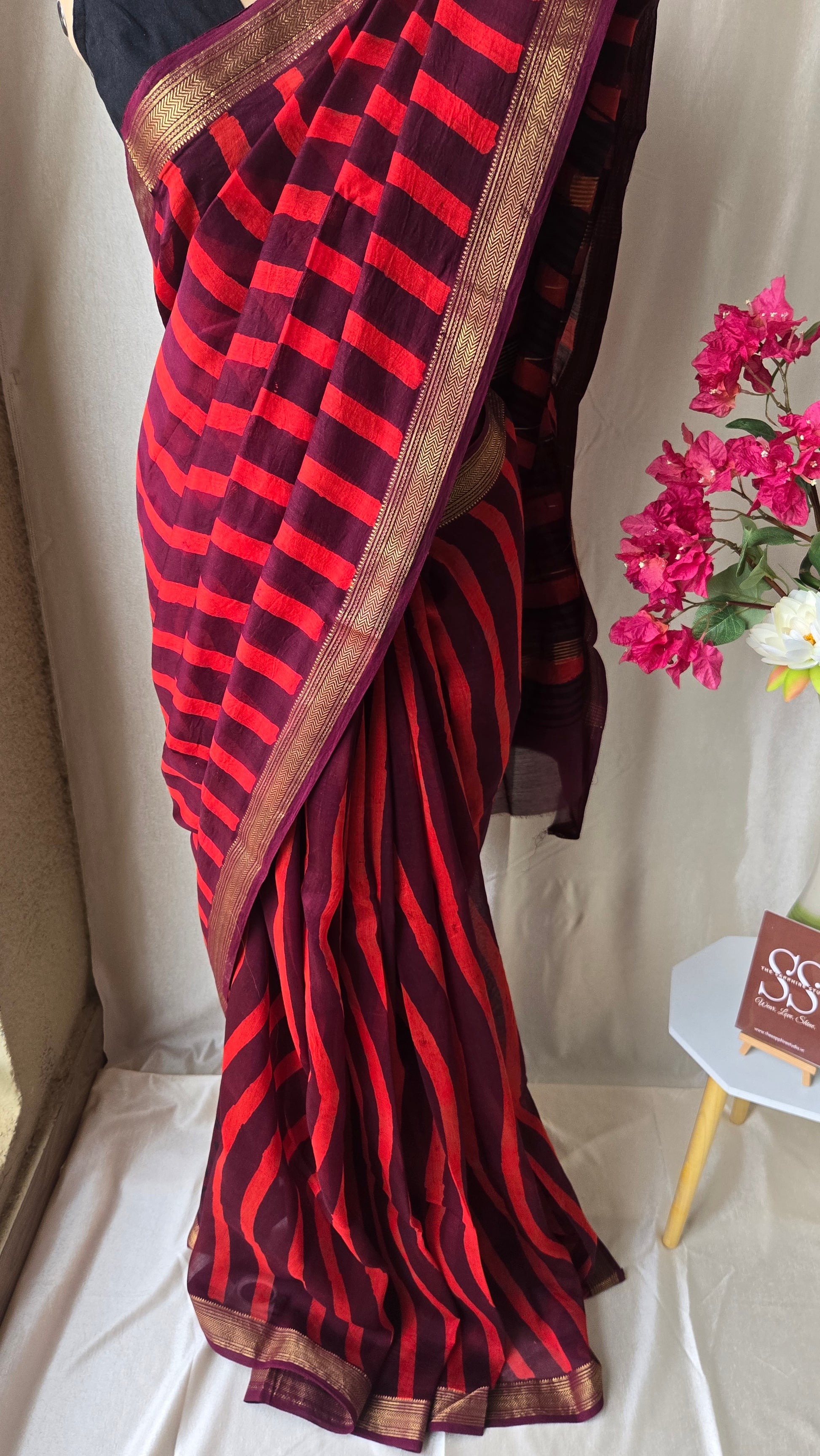 Maheshwari Silk Saree – Maroon with Red Stripes & Golden Border