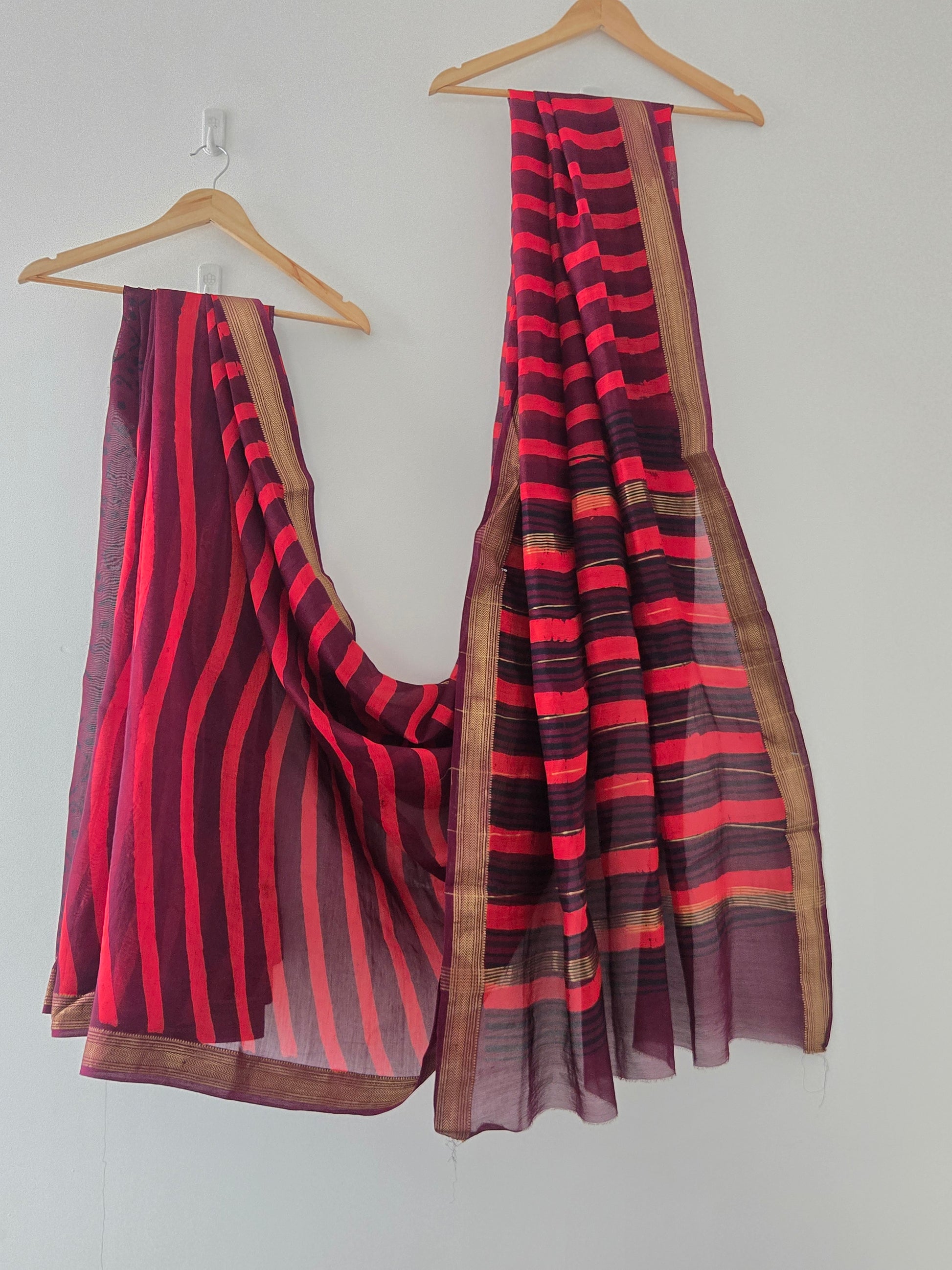 Maheshwari Silk Saree – Maroon with Red Stripes & Golden Border
