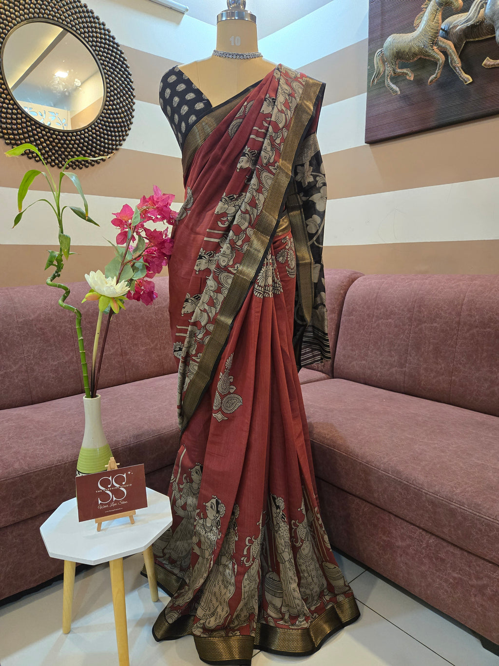 Brick-Red Kalamkari Mashru silk saree