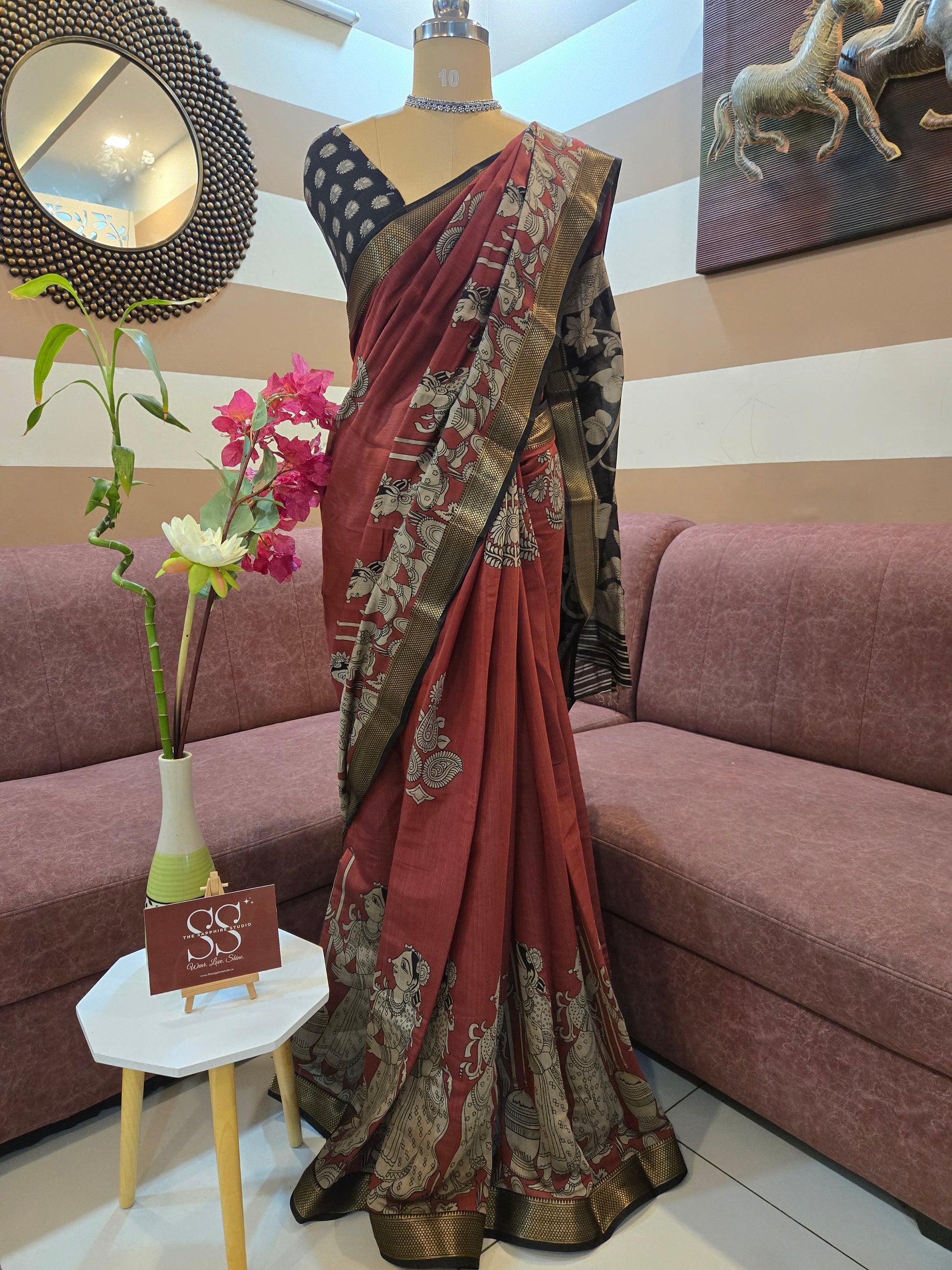 Brick-Red Kalamkari Mashru silk saree