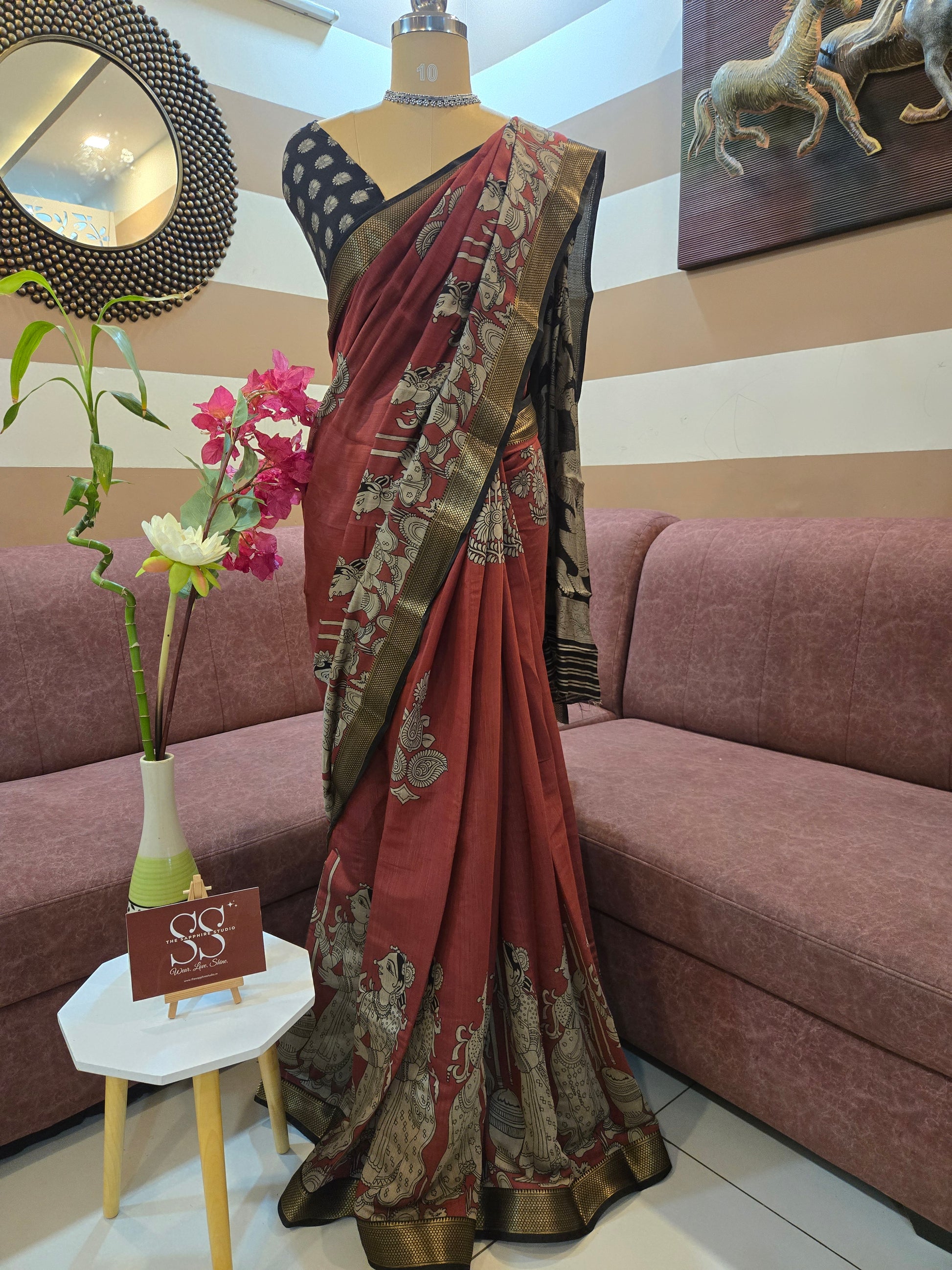 Brick-Red Kalamkari Mashru silk saree