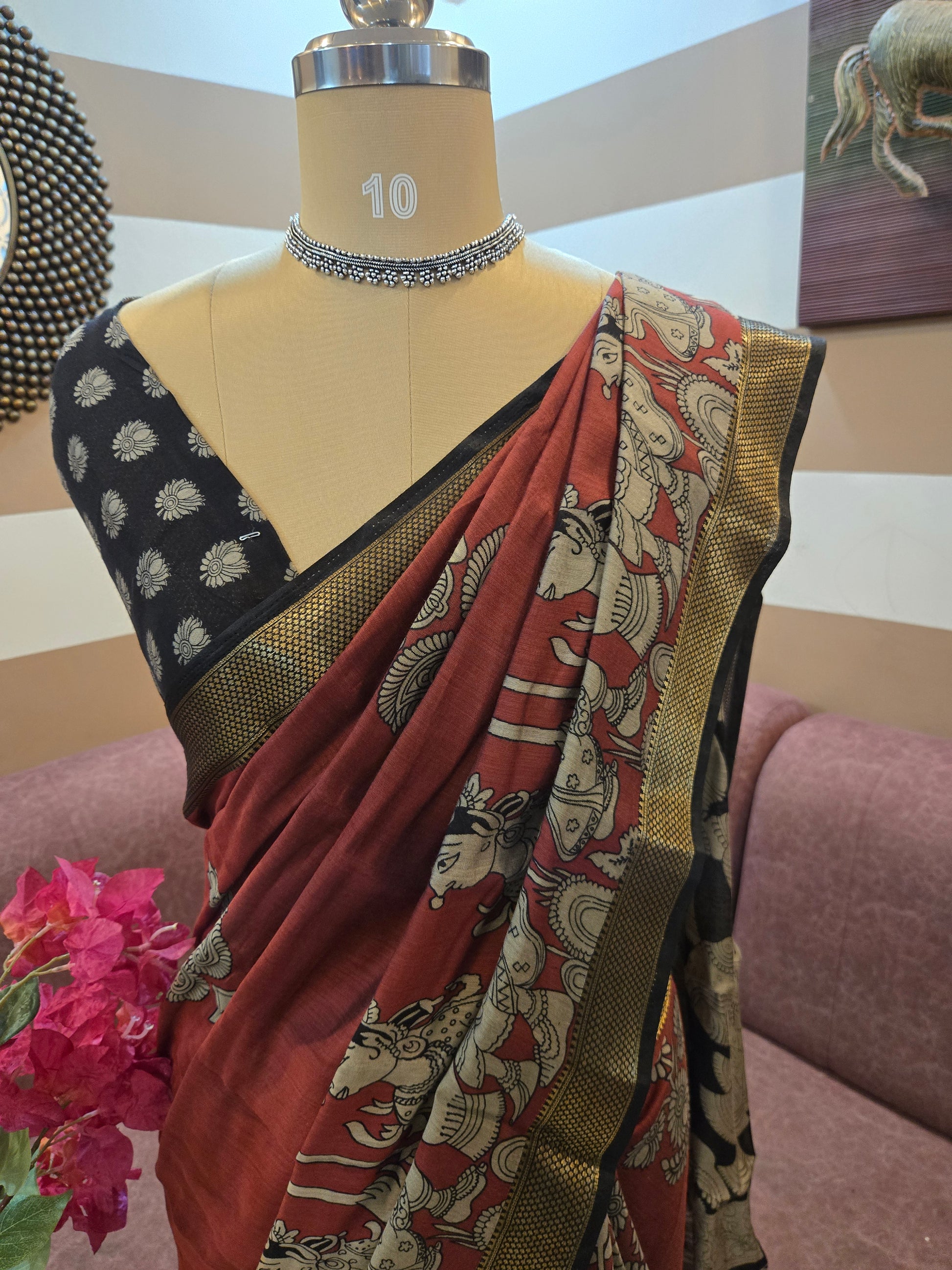 Brick-Red Kalamkari Mashru silk saree