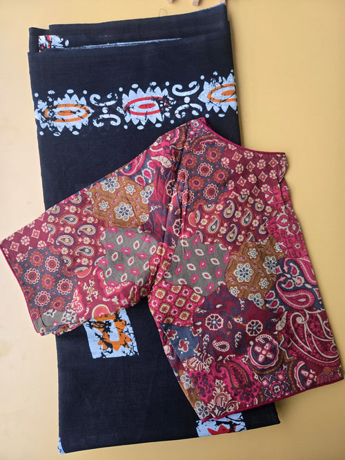 Black Mul Cotton Saree with Readymade Blouse