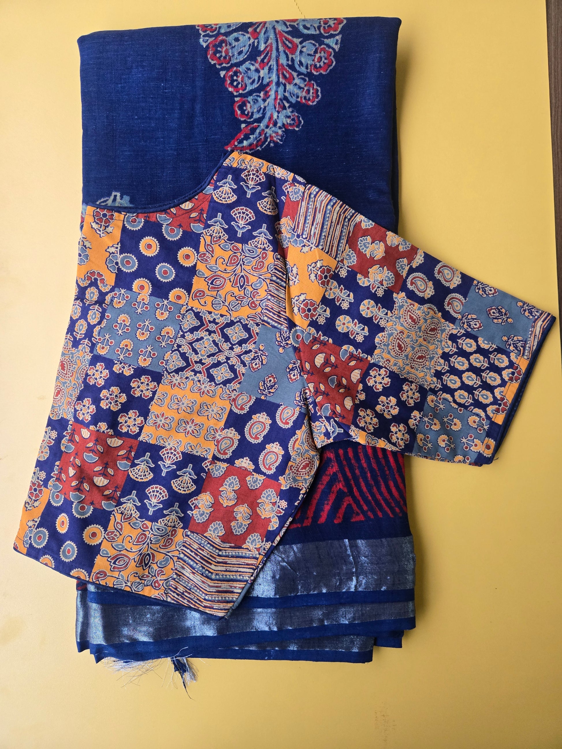 Navy Blue Linen Bagru Saree with Silver Border and Readymade blouse
