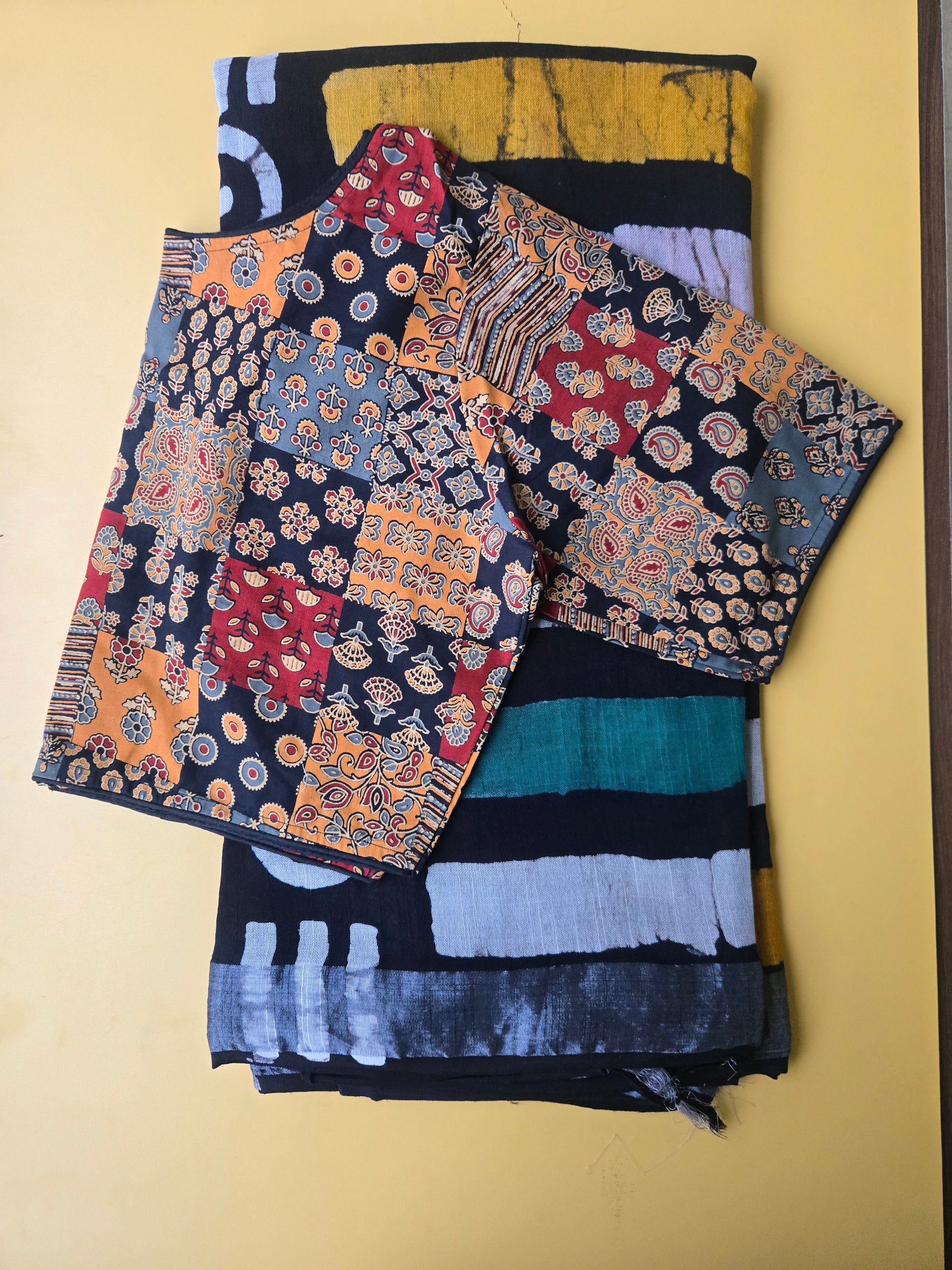 Multicolor Linen Bagru Saree with Readymade Blouse