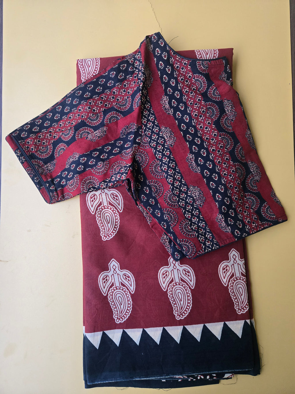 Rust Red & Black Mul Cotton Saree with Readymade Blouse