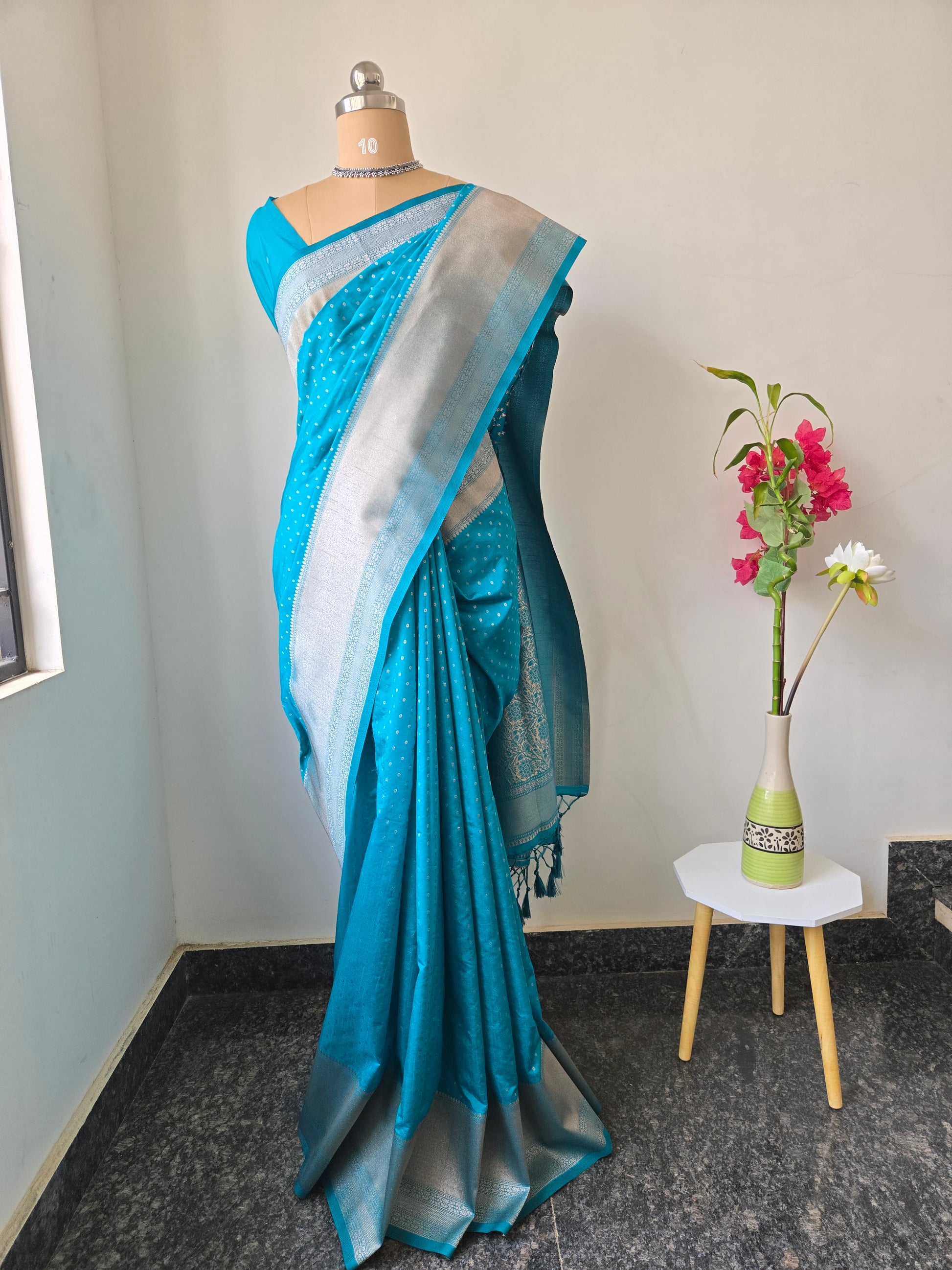 Kanchipuram Fancy Saree – Teal Blue – Silver Zari Work