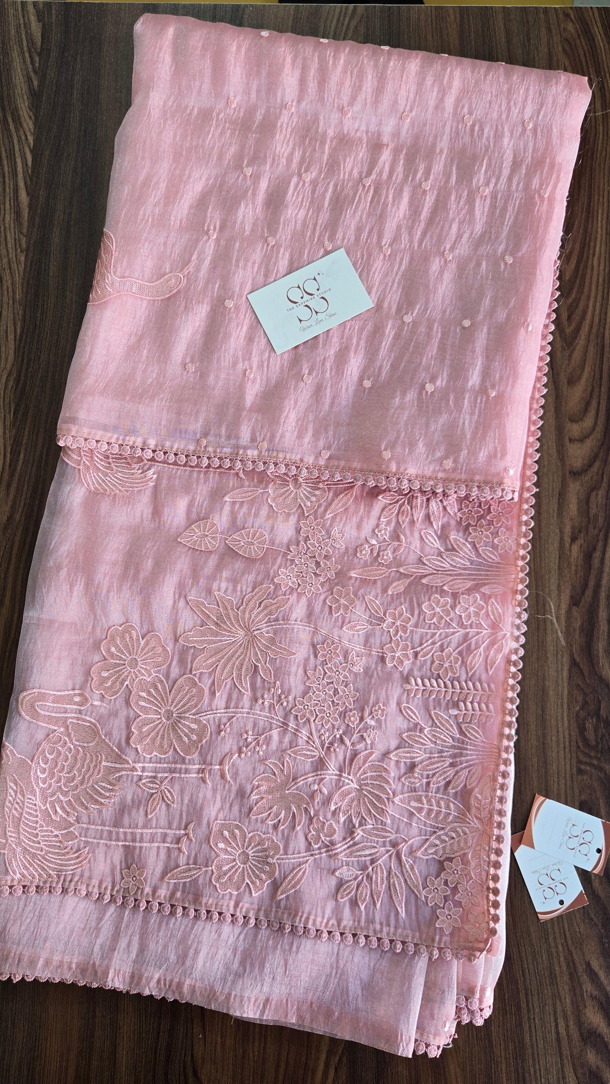 Blush Pink Flamingo Bloom – Appliqué Organza Saree