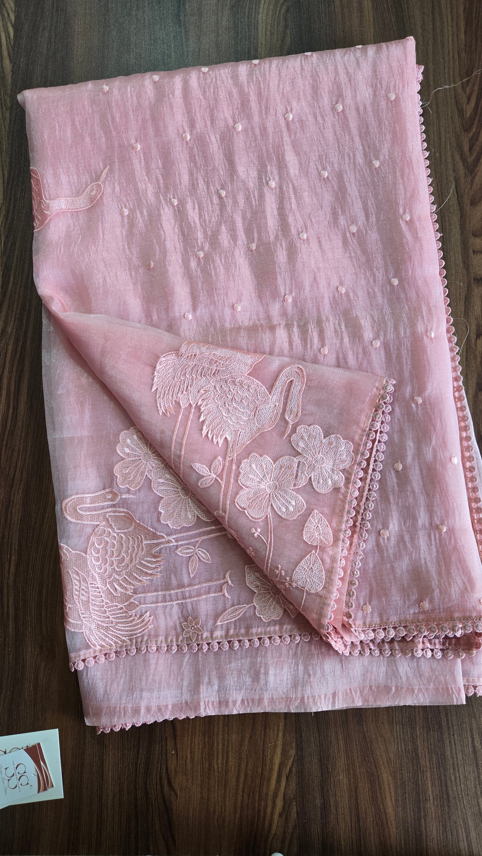 Blush Pink Flamingo Bloom – Appliqué Organza Saree