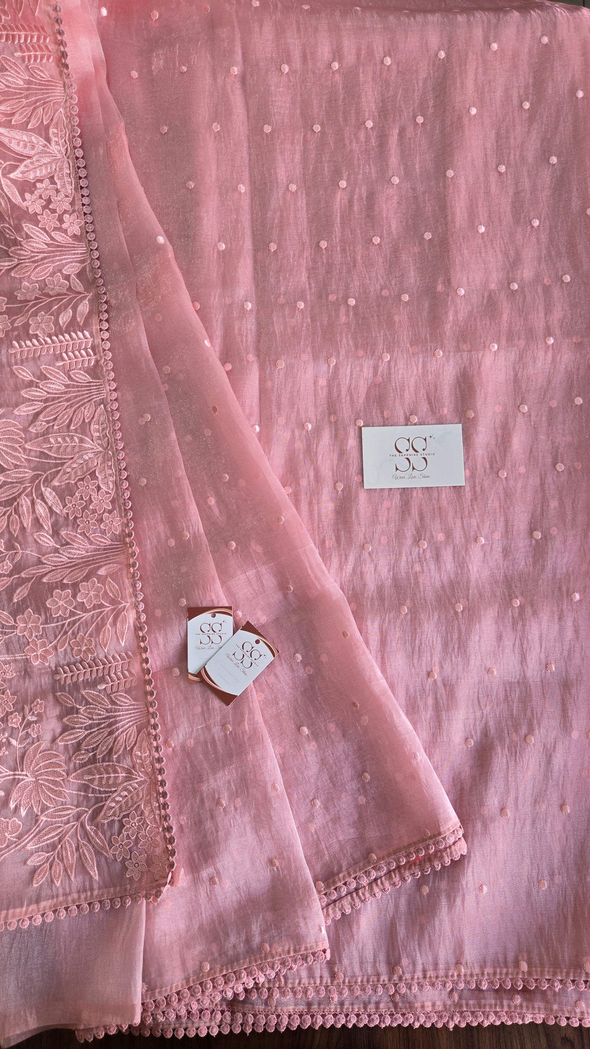 Blush Pink Flamingo Bloom – Appliqué Organza Saree