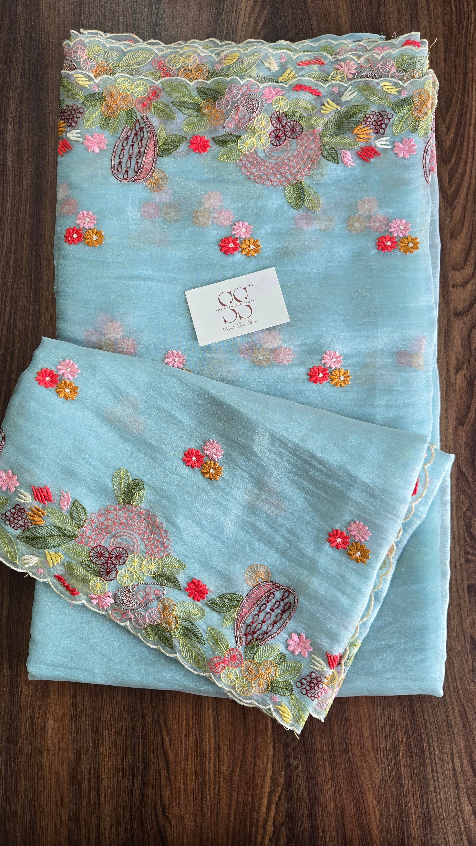 Sky Bloom Hand-Embroidered Organza Saree