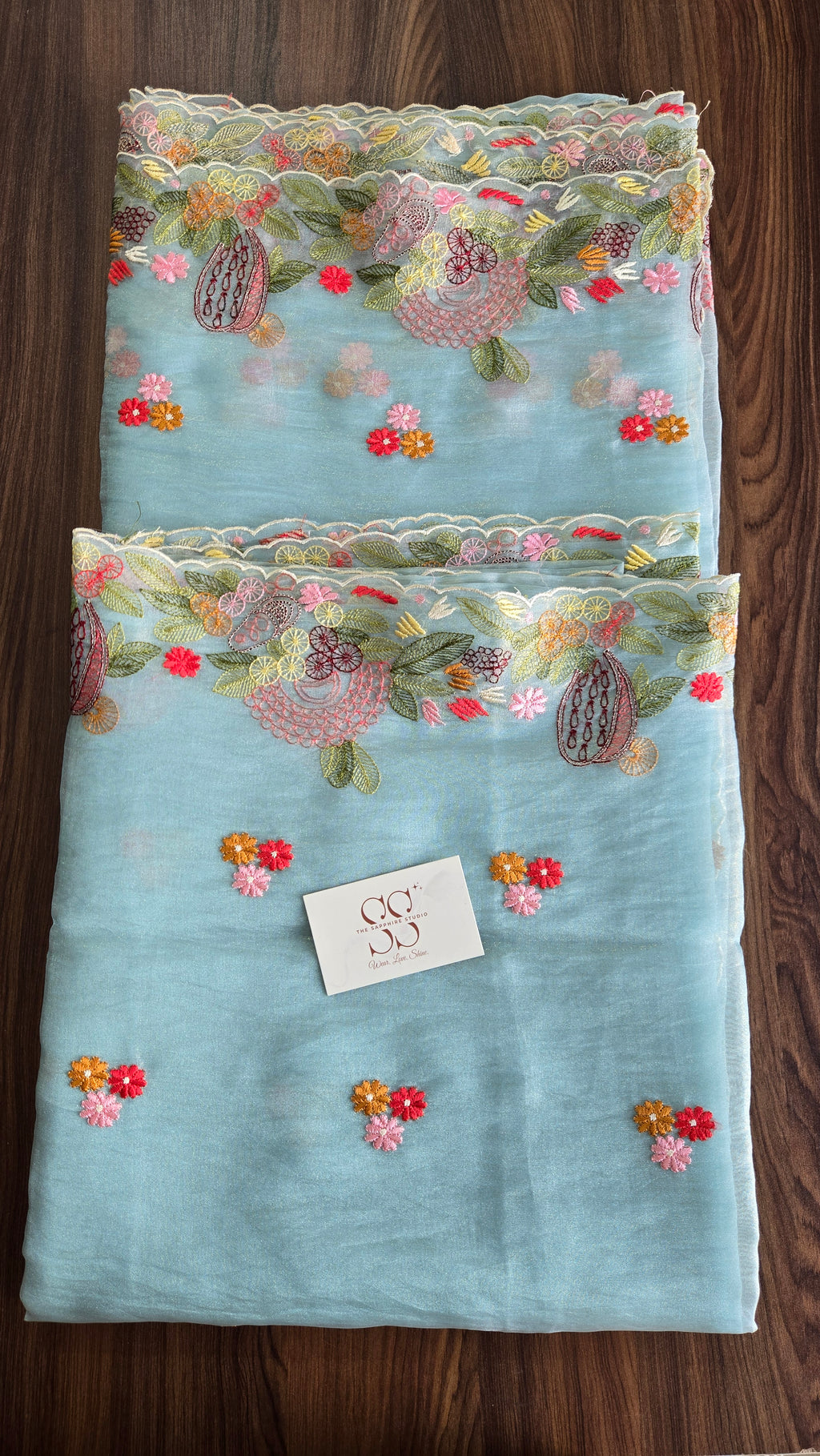 Sky Bloom Hand-Embroidered Organza Saree