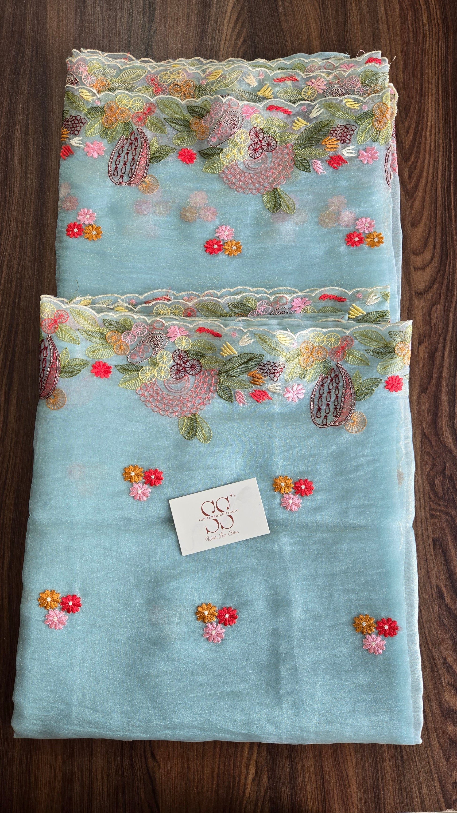 Sky Bloom Hand-Embroidered Organza Saree
