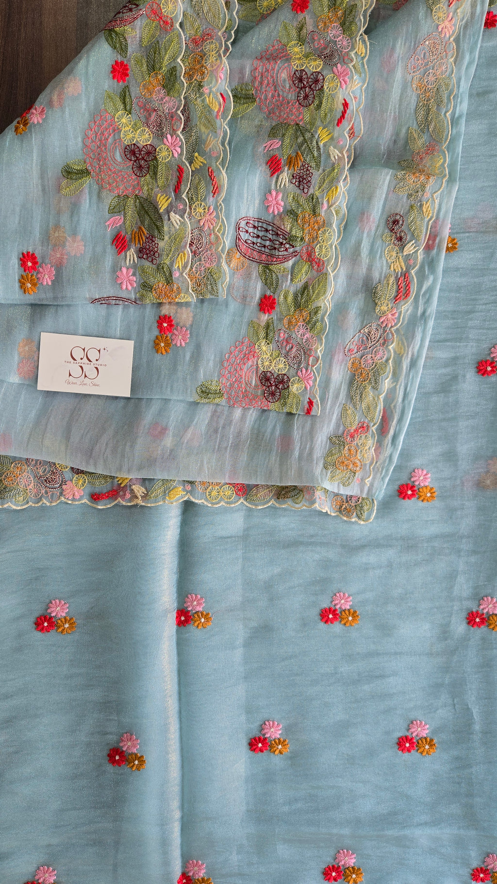 Sky Bloom Hand-Embroidered Organza Saree