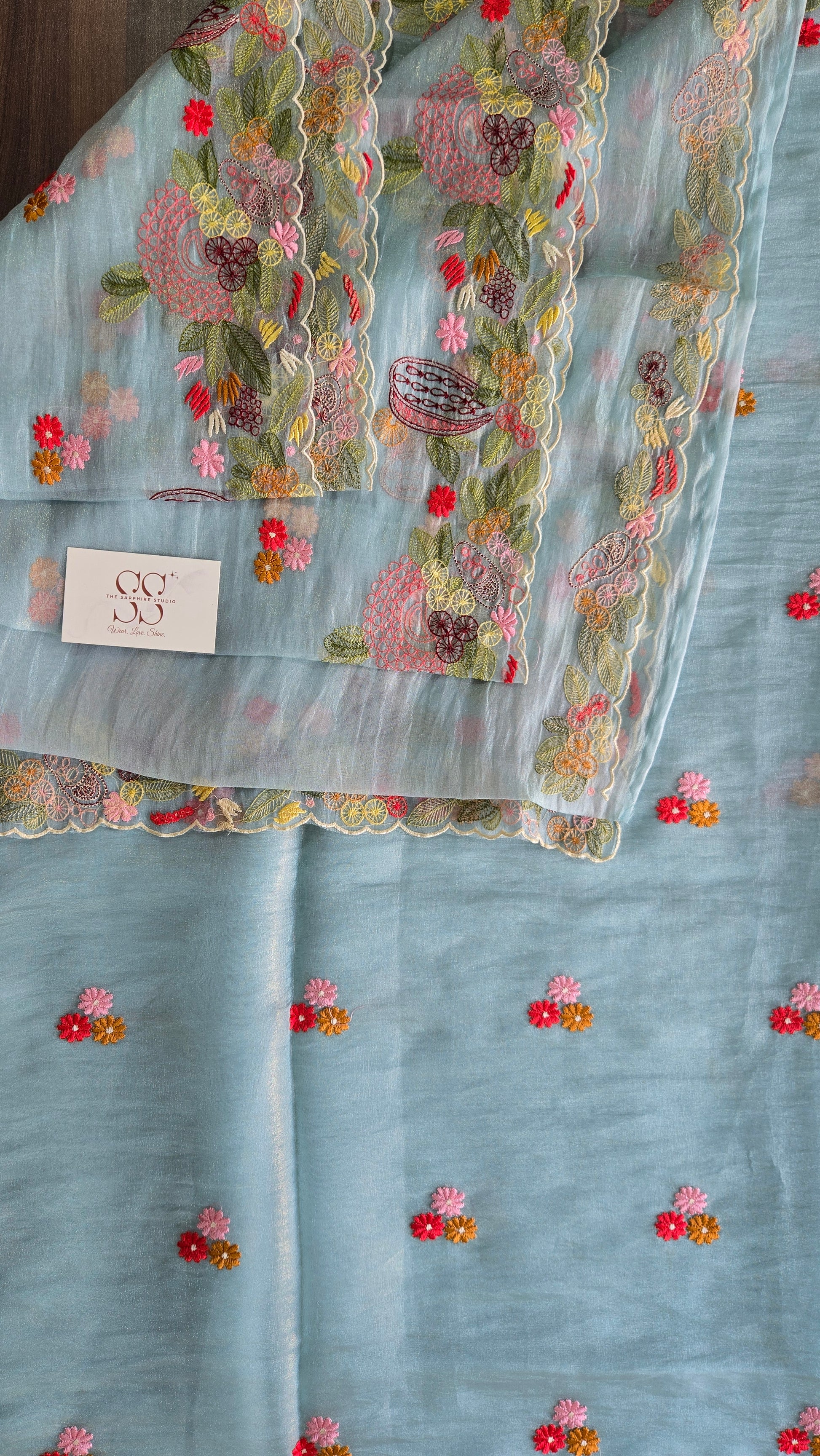 Sky Bloom Hand-Embroidered Organza Saree