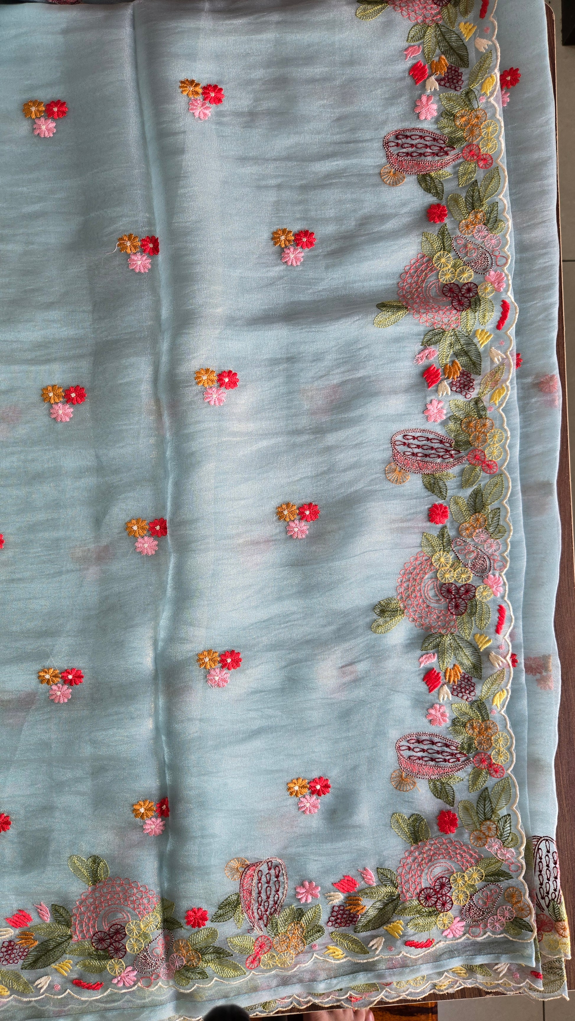 Sky Bloom Hand-Embroidered Organza Saree