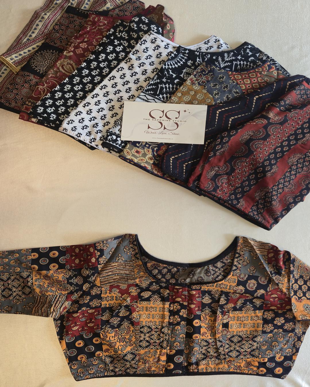 Multicolor Cotton Boat Neck Blouse with Patchwork Ajrakh Print (Front Hook, up to Size 42)