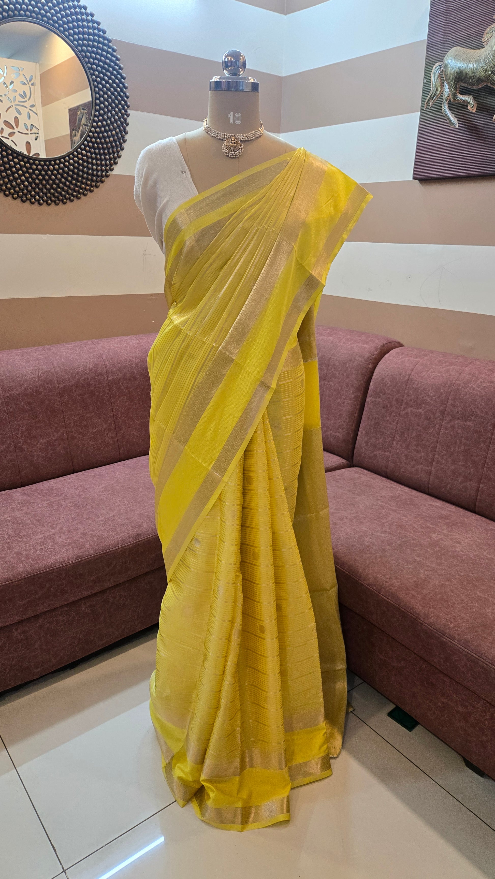 Yellow Banarasi Chiniya Silk Saree with Zari Buti Weaving ✨