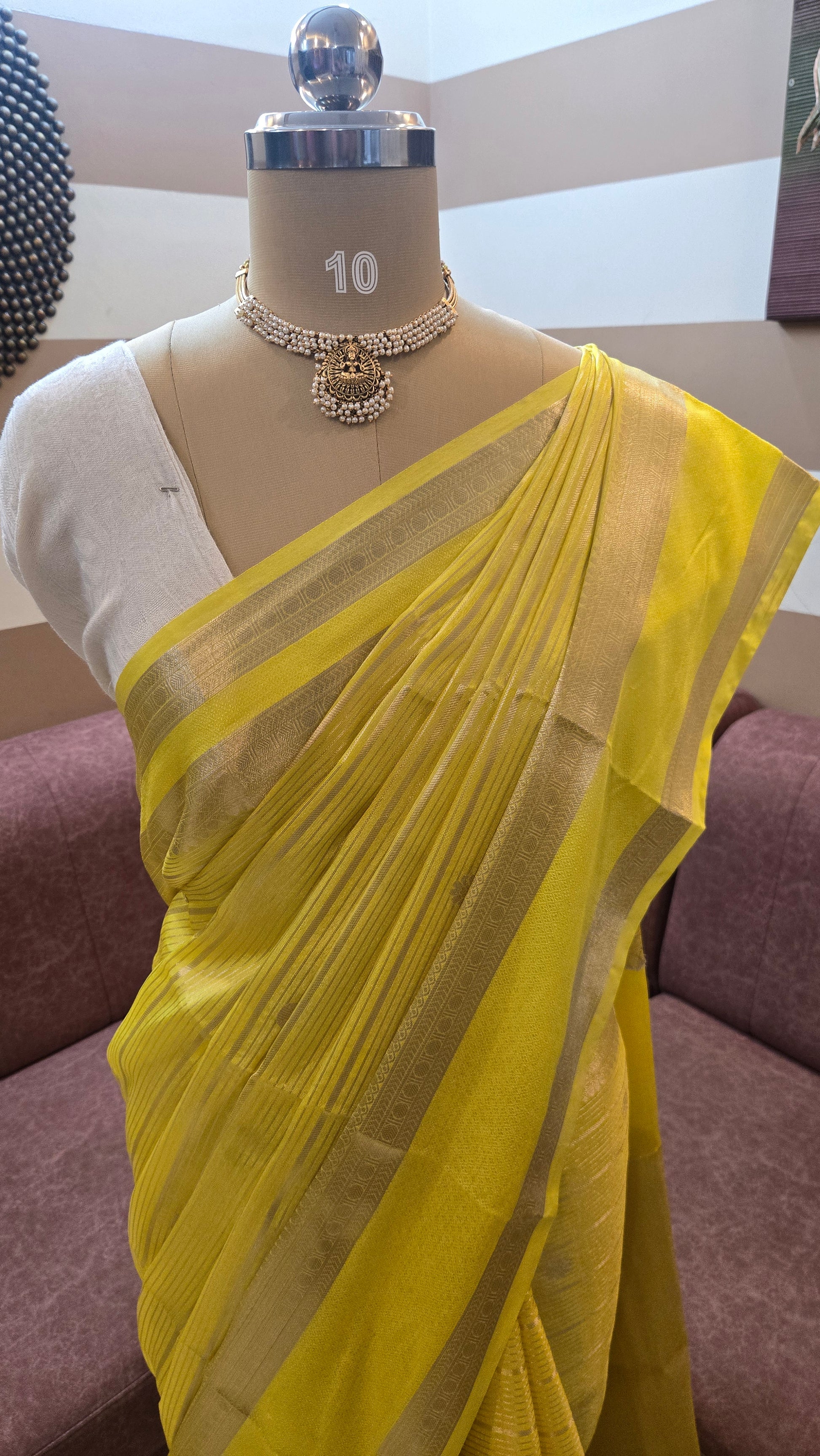 Yellow Banarasi Chiniya Silk Saree with Zari Buti Weaving ✨