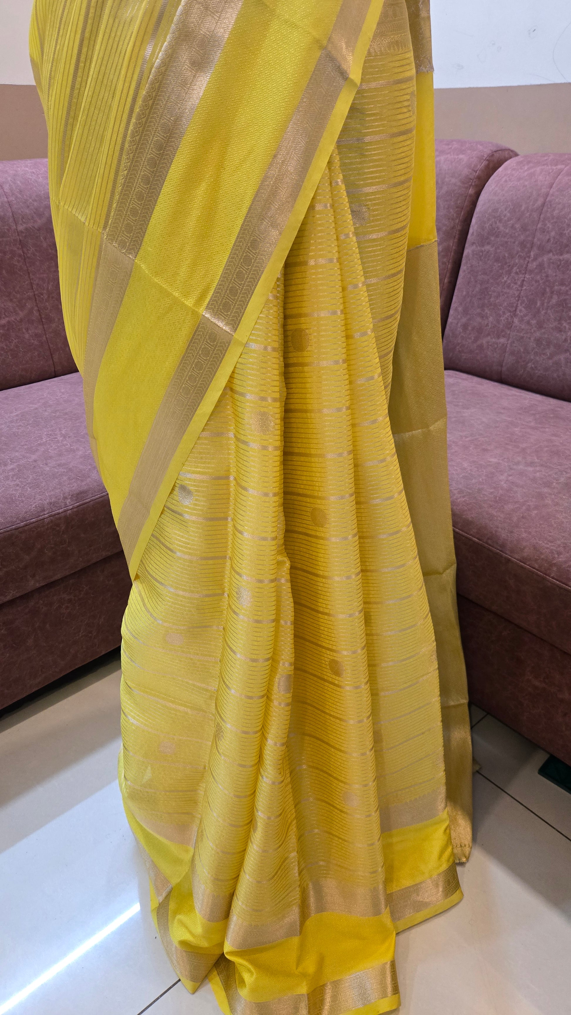 Yellow Banarasi Chiniya Silk Saree with Zari Buti Weaving ✨