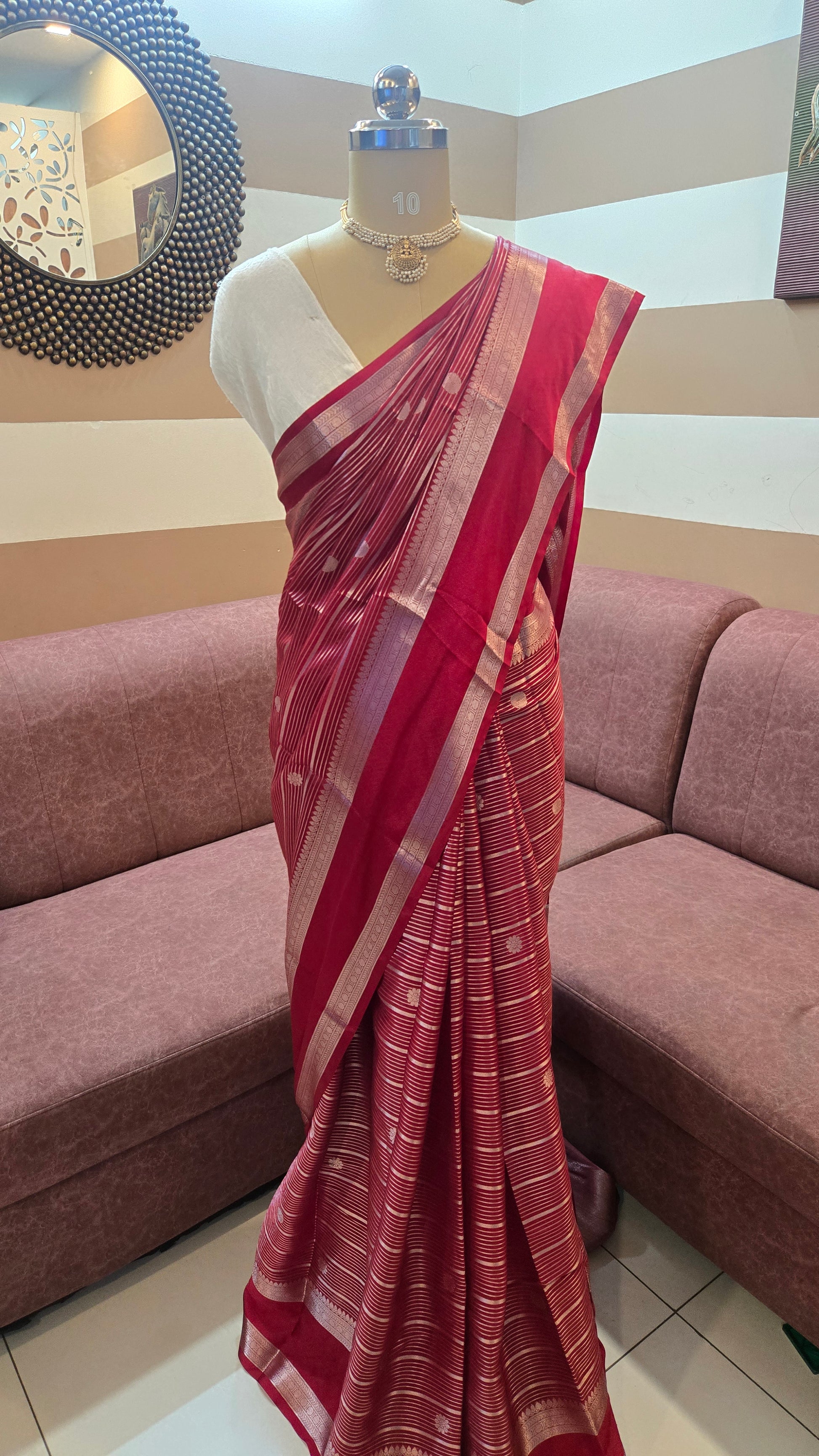 Red Banarasi Chiniya Silk Saree with Zari Buti Weaving ✨