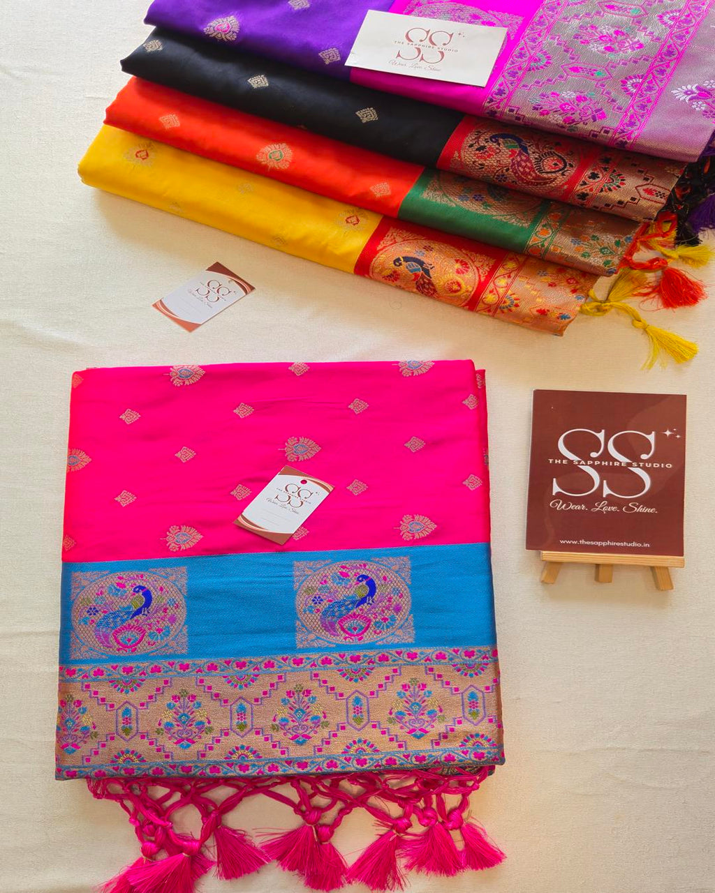 Rani Pink Paithani Saree with Blue Contrast Border & Rich Pallu