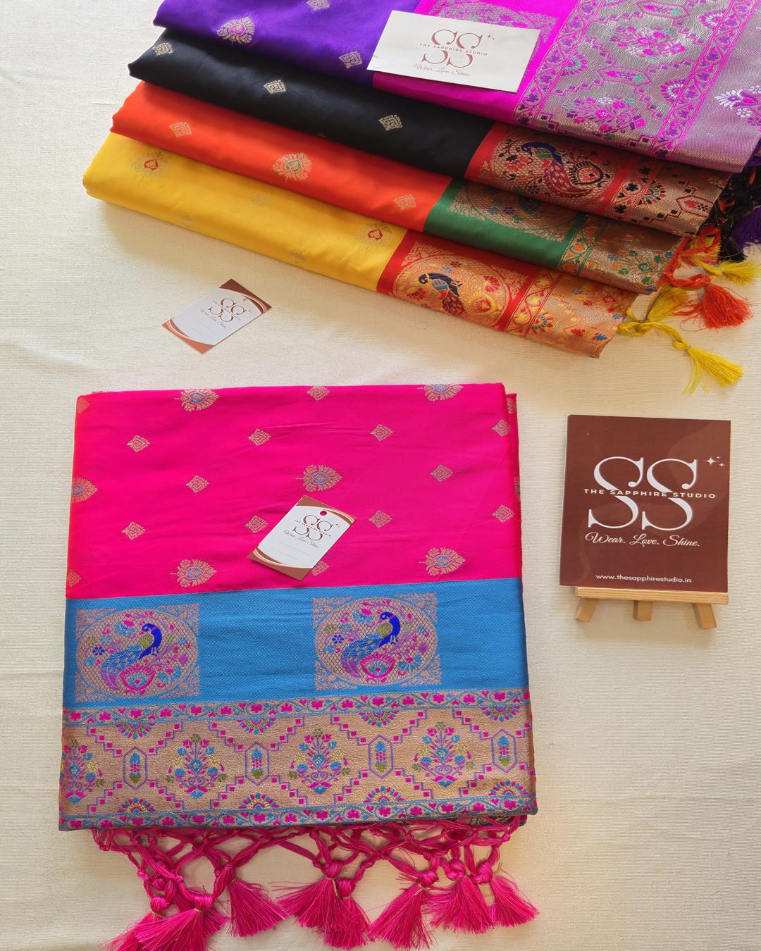 Rani Pink Paithani Saree with Blue Contrast Border & Rich Pallu