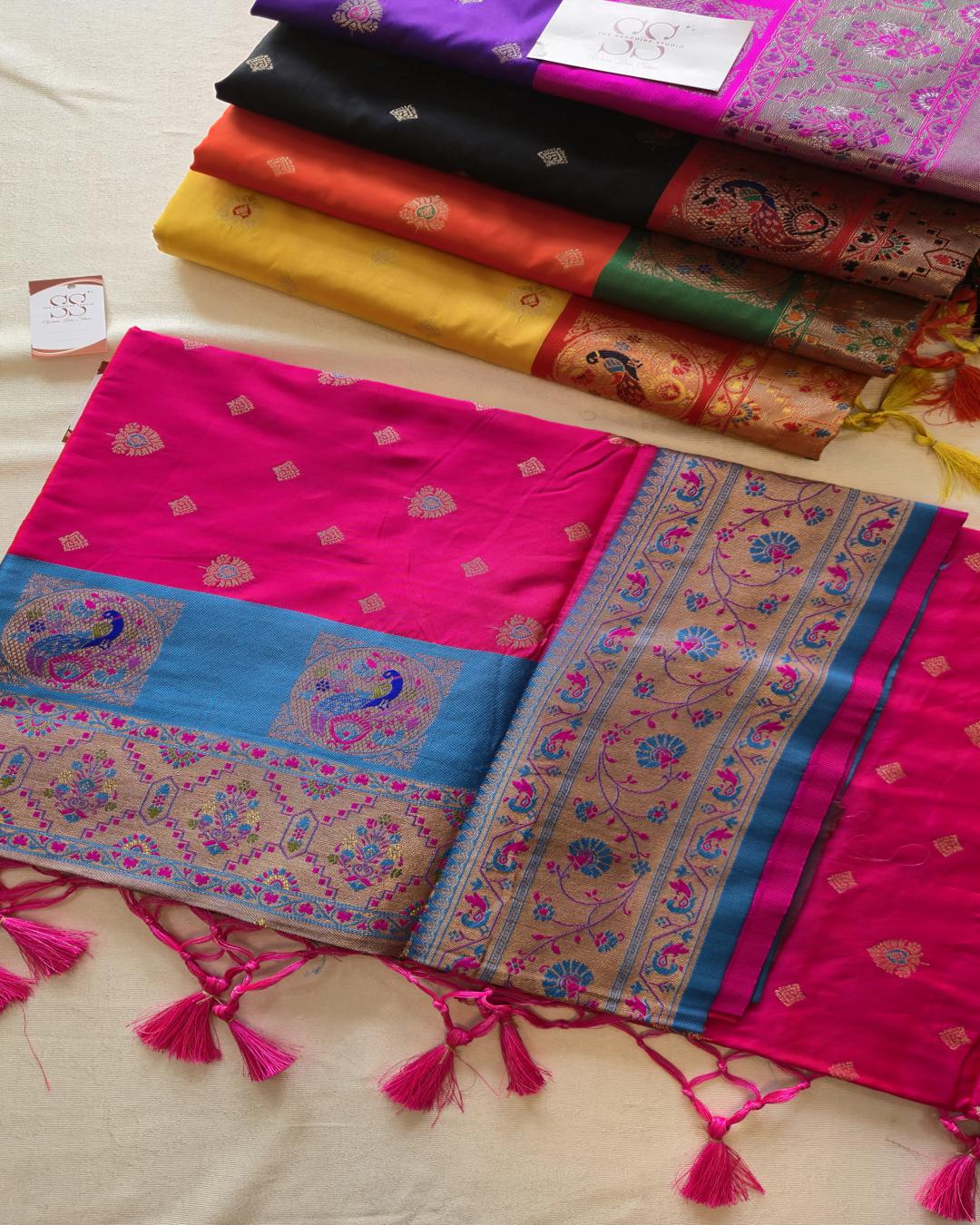 Rani Pink Paithani Saree with Blue Contrast Border & Rich Pallu