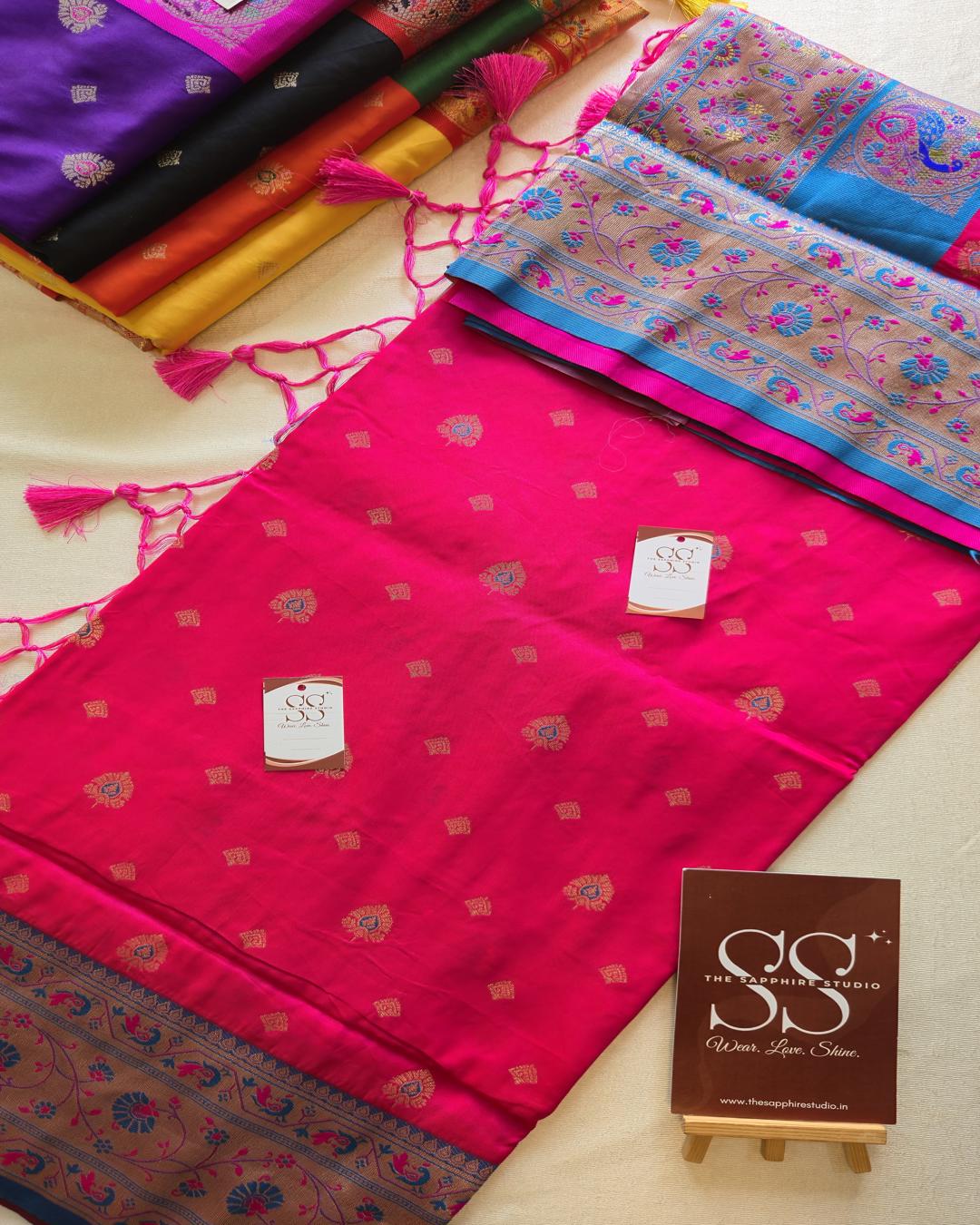 Rani Pink Paithani Saree with Blue Contrast Border & Rich Pallu
