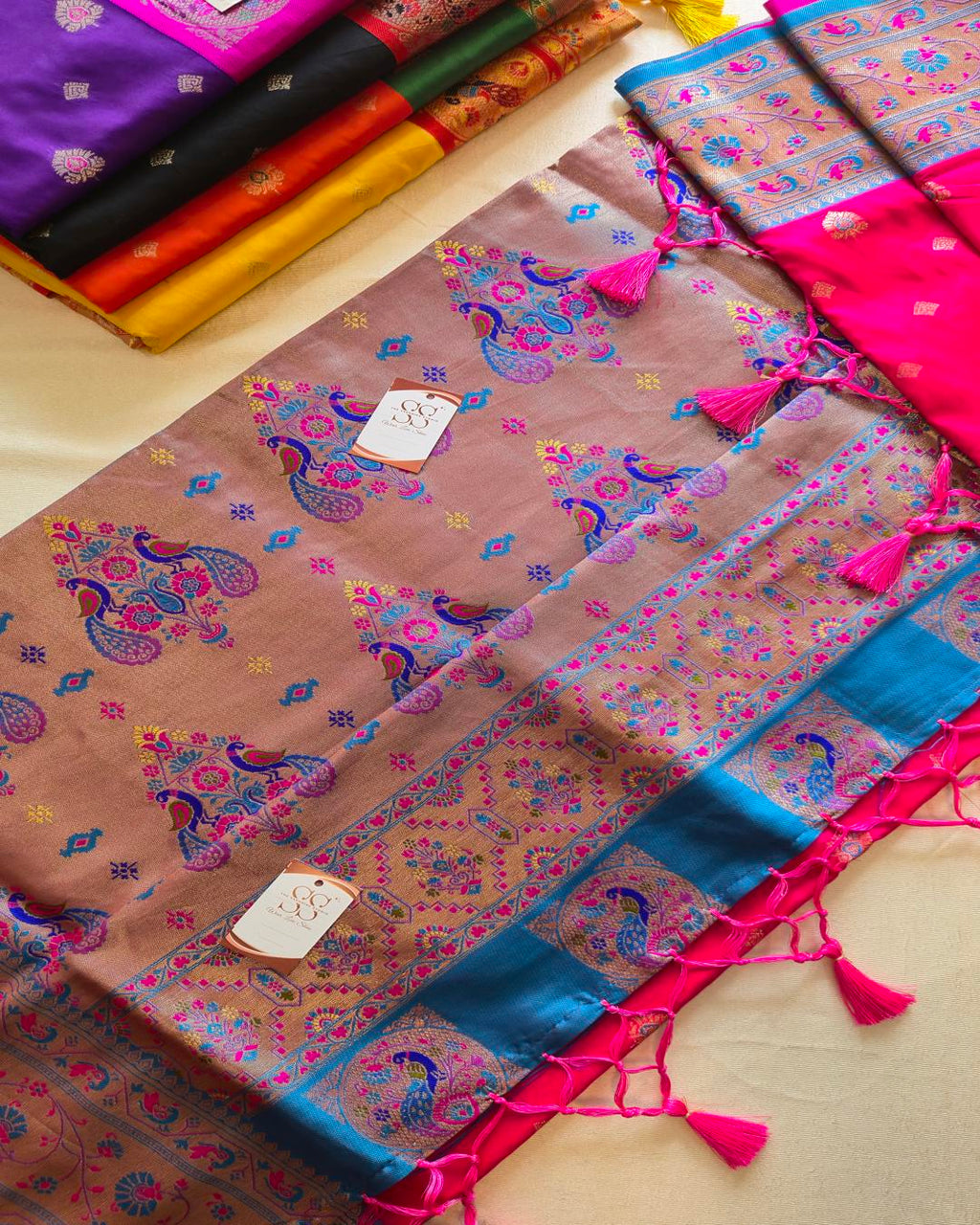 Rani Pink Paithani Saree with Blue Contrast Border & Rich Pallu