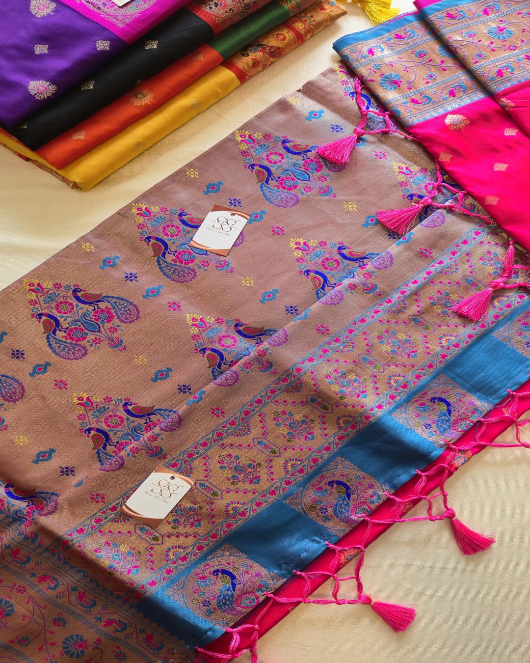 Rani Pink Paithani Saree with Blue Contrast Border & Rich Pallu