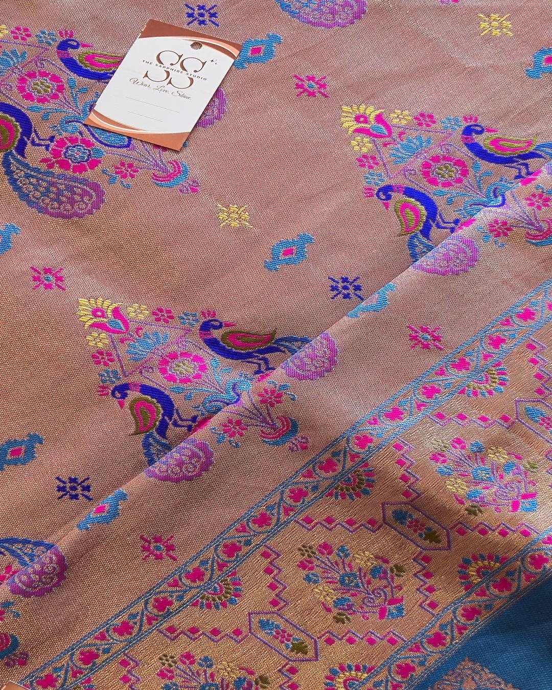 Rani Pink Paithani Saree with Blue Contrast Border & Rich Pallu