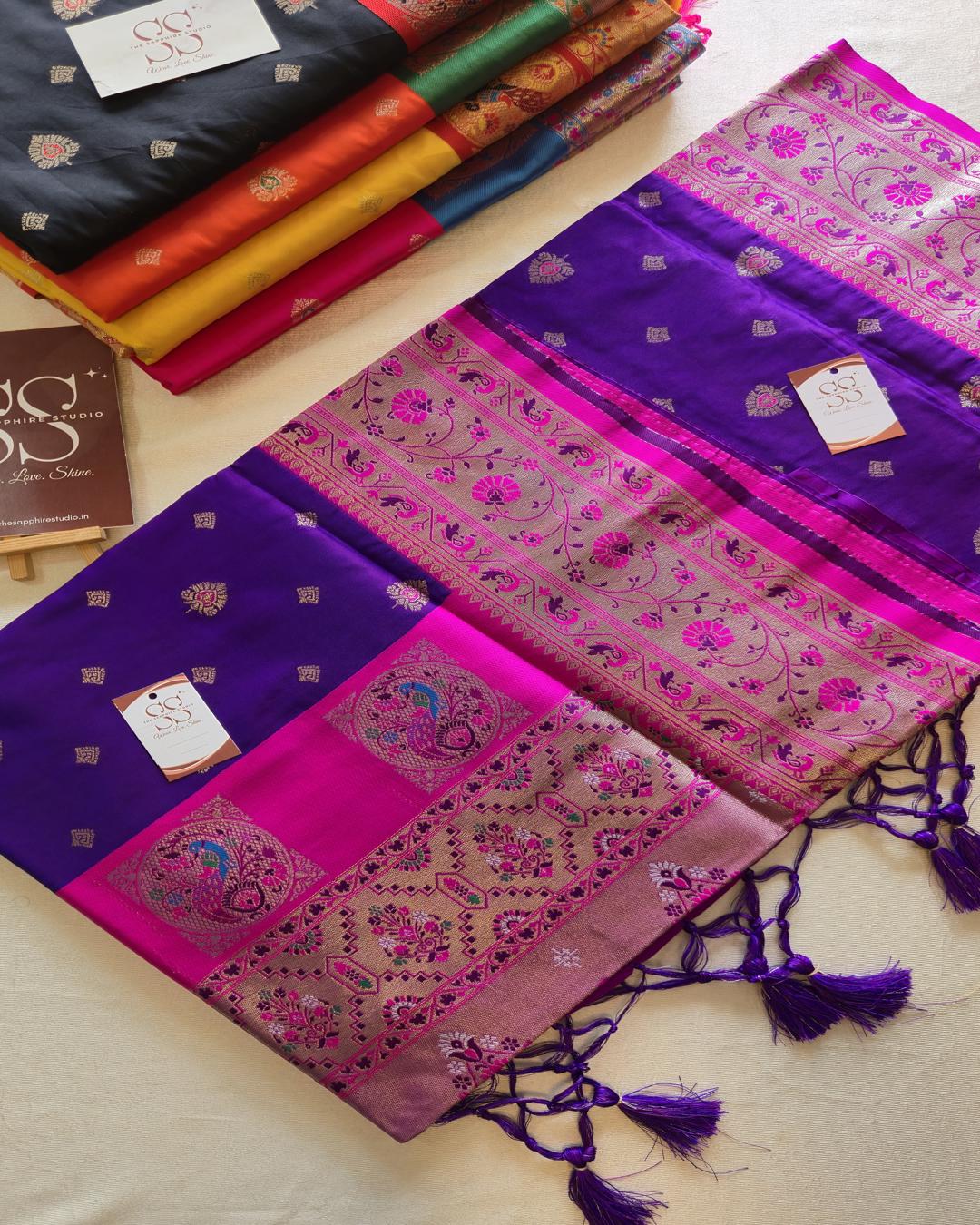 Royal Purple Paithani Saree with Pink Contrast Border & Meena Pallu
