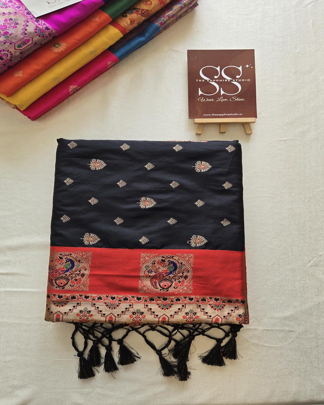 Black Paithani Saree with Red Contrast Border & Rich Pallu ✨