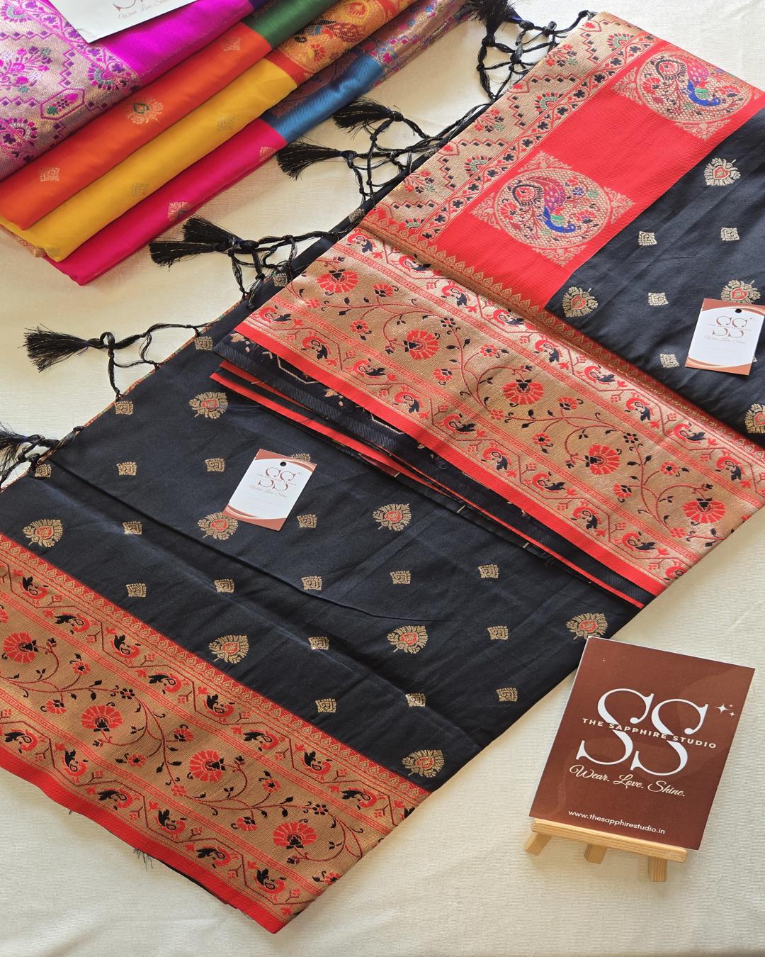 Black Paithani Saree with Red Contrast Border & Rich Pallu ✨