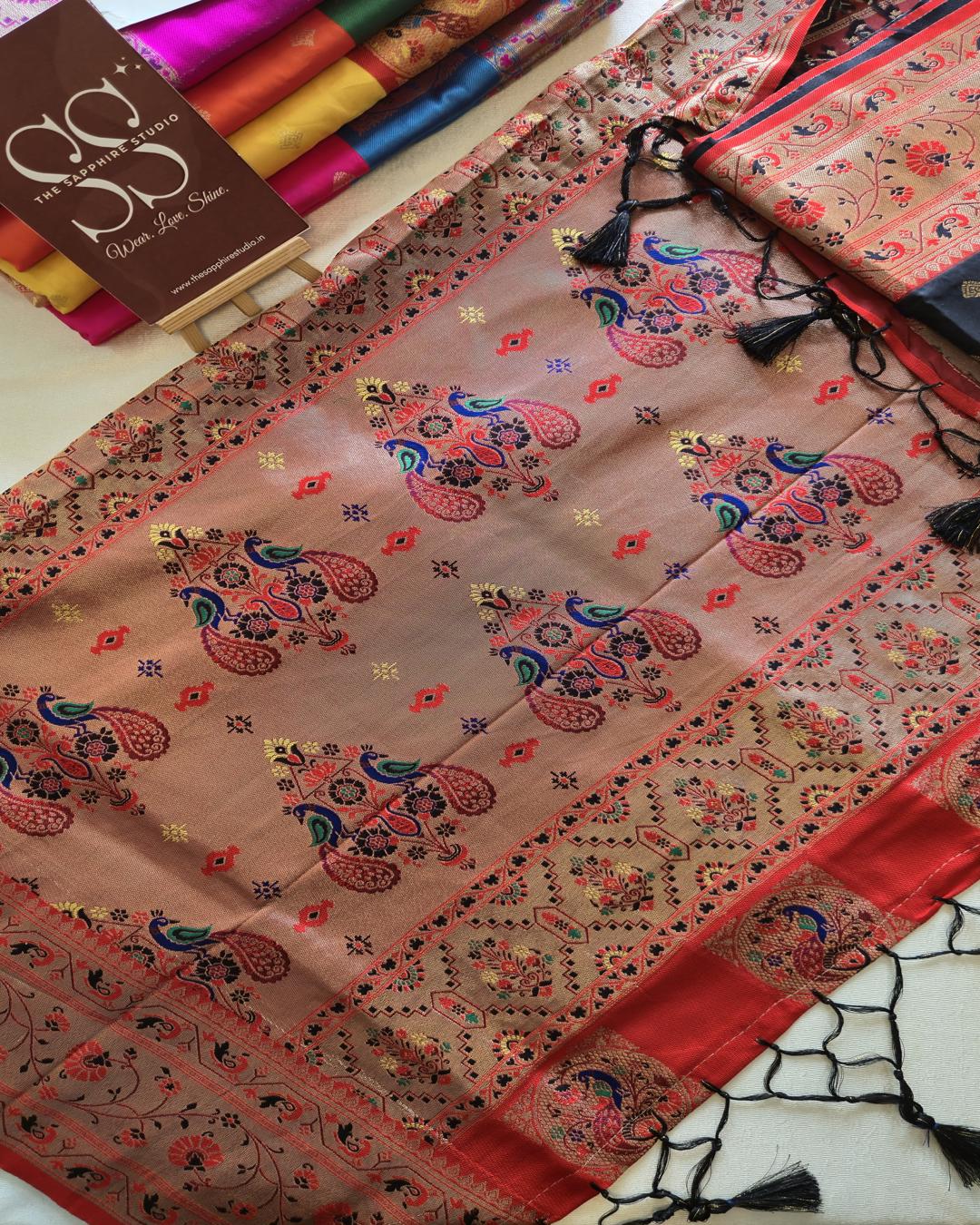 Black Paithani Saree with Red Contrast Border & Rich Pallu ✨