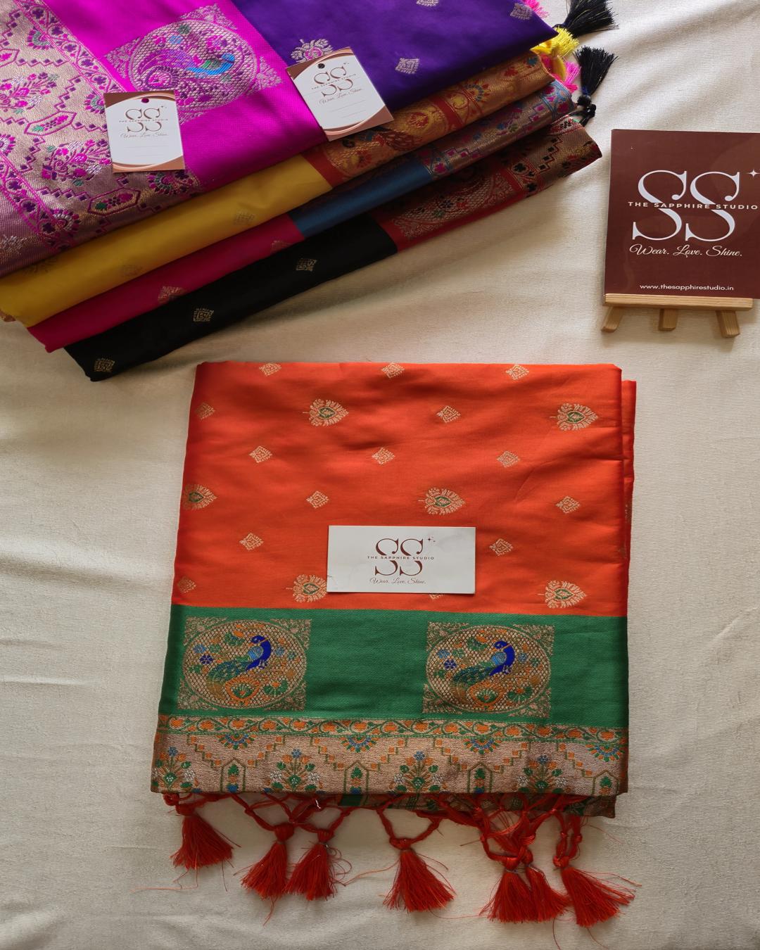 Orange Paithani Saree with Green Contrast Border & Rich Pallu ✨