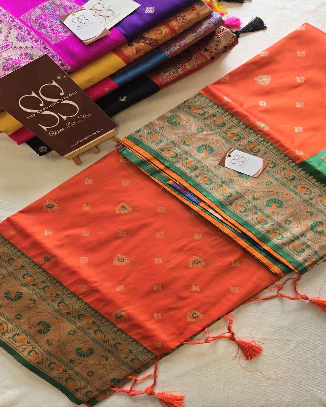 Orange Paithani Saree with Green Contrast Border & Rich Pallu ✨