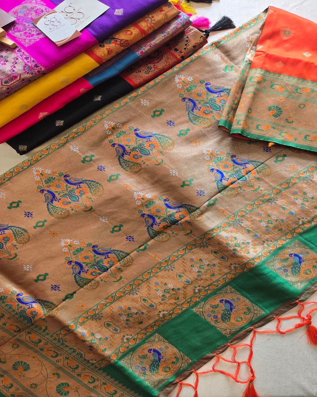 Orange Paithani Saree with Green Contrast Border & Rich Pallu ✨