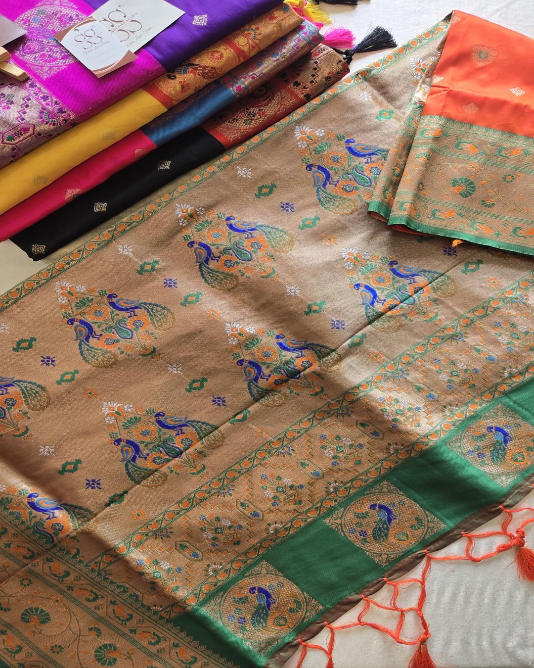 Orange Paithani Saree with Green Contrast Border & Rich Pallu ✨