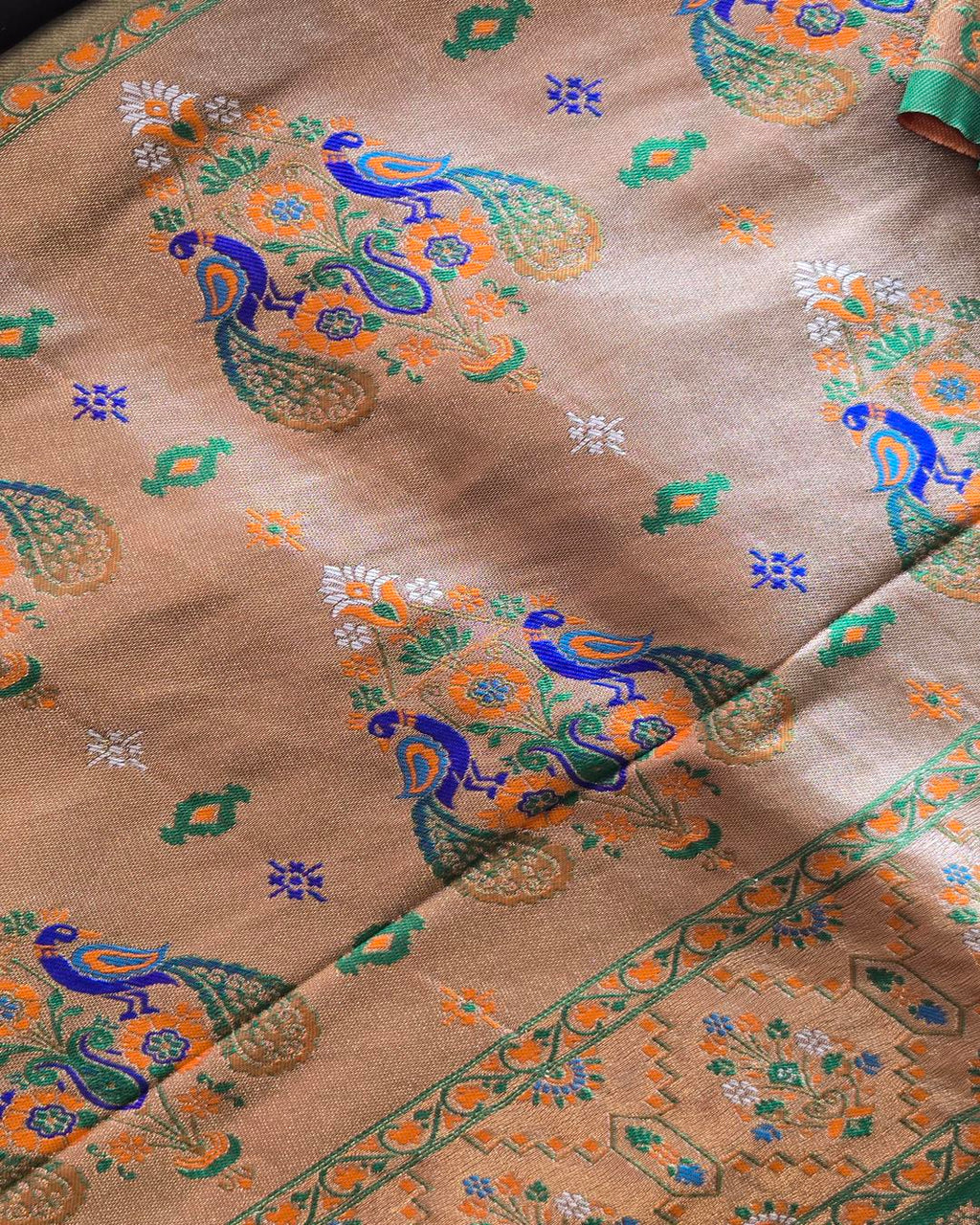 Orange Paithani Saree with Green Contrast Border & Rich Pallu ✨