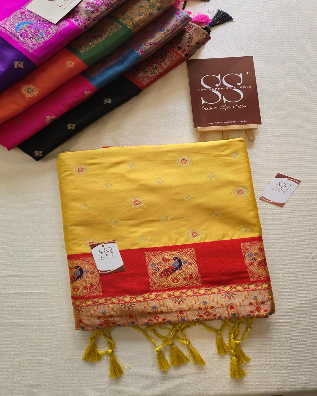 Yellow Paithani Saree with Orange Contrast Border & Rich Pallu ✨