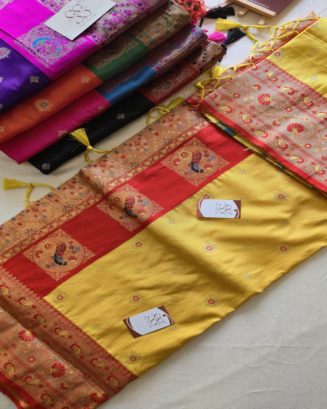 Yellow Paithani Saree with Orange Contrast Border & Rich Pallu ✨