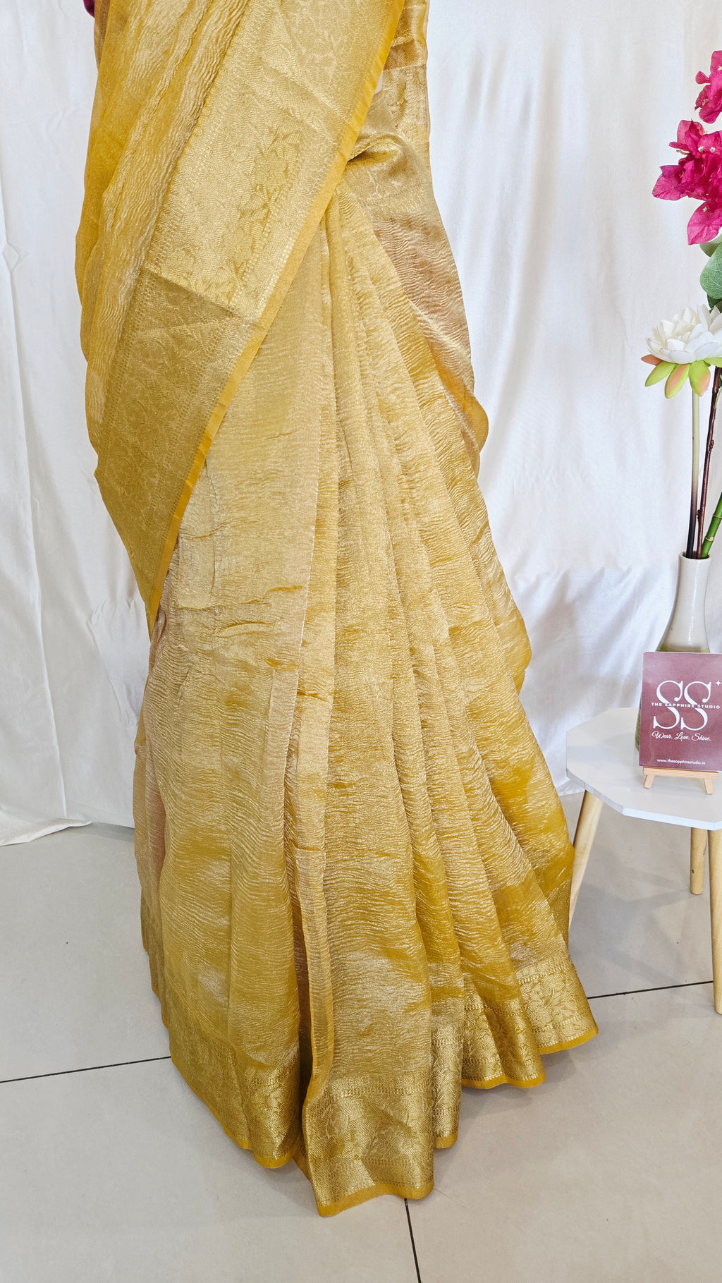 Yellow Crushed Tissue Saree