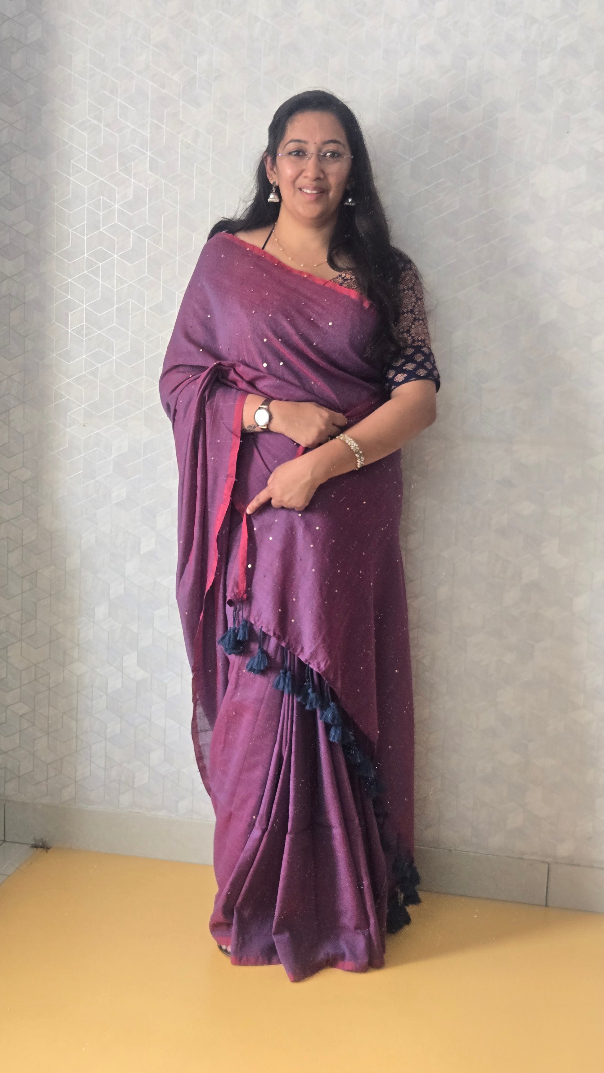 Deep Purple Mul Mul Cotton Saree with Contrast Blouse
