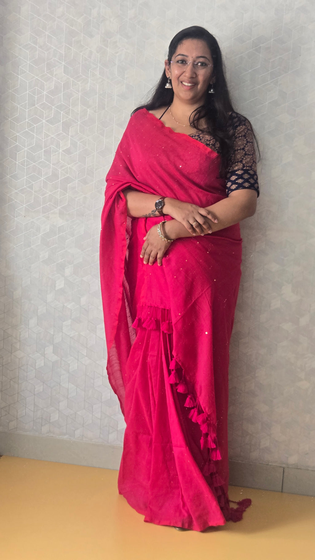 Deep Rani Pink Mul Mul Cotton Saree with Tassels