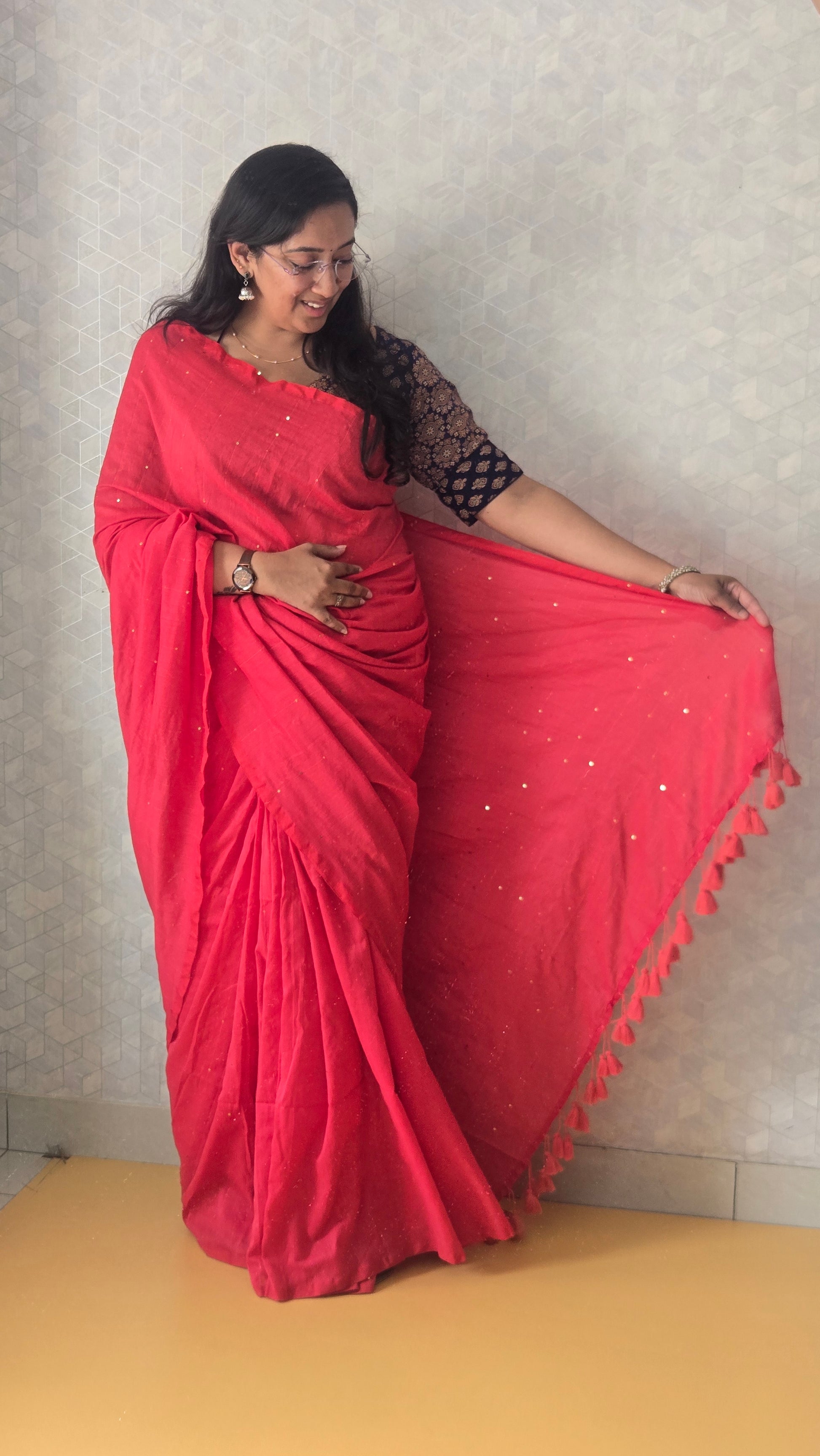 Delicate sequin work light pink mul cotton saree